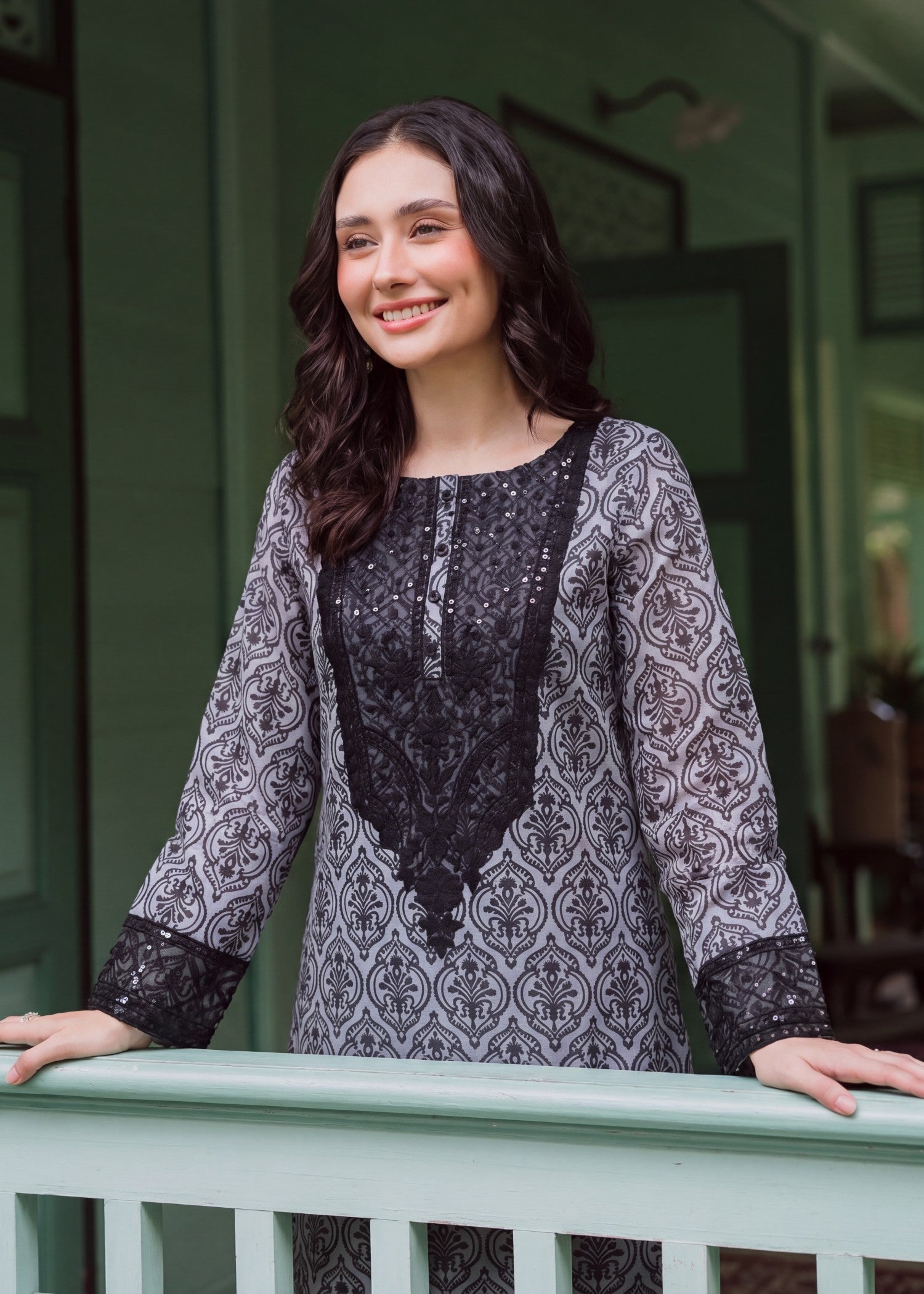 lawn Kurta Set in Dark grey
