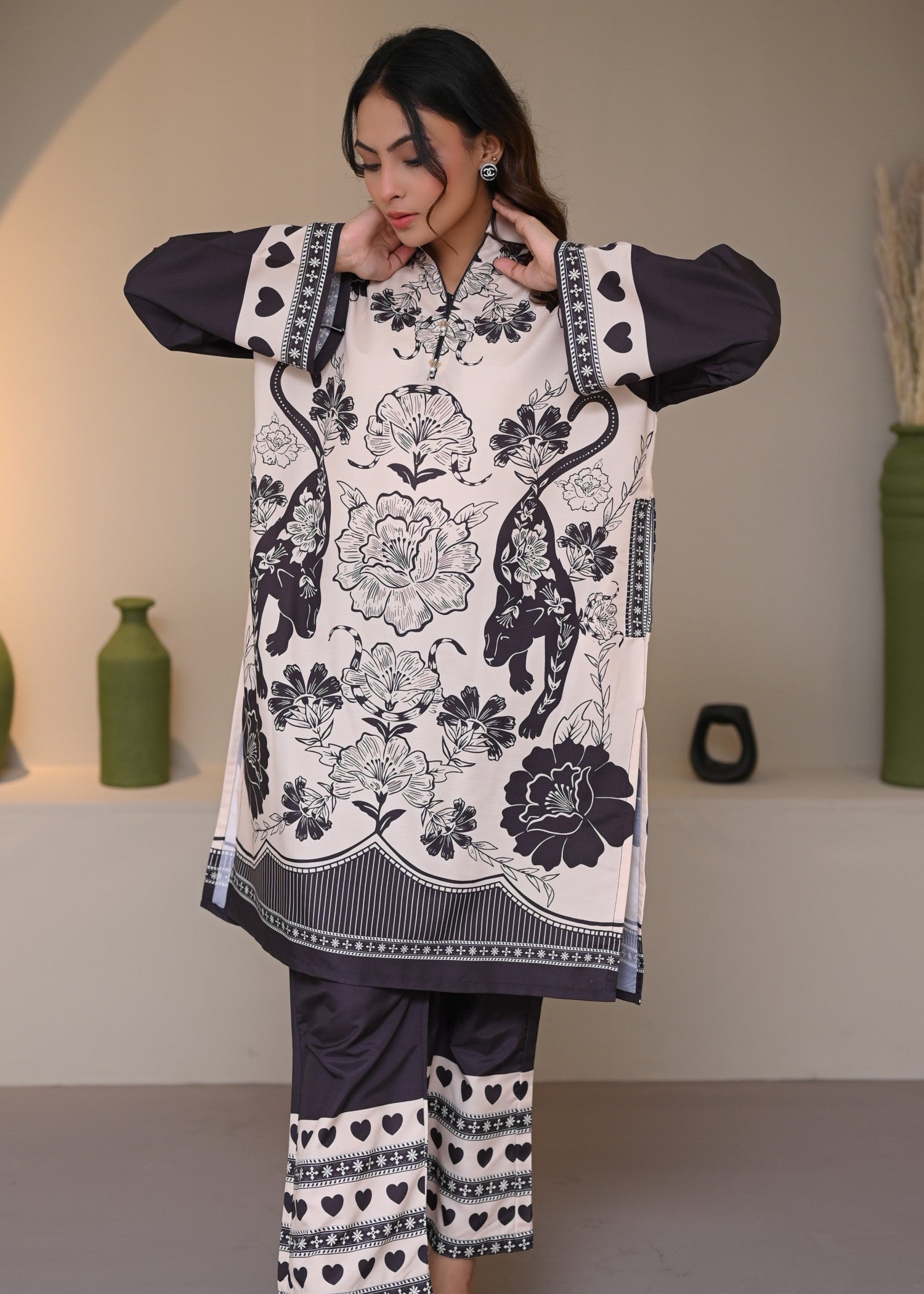 swiss lawn Co Ord Sets in Black, ivory