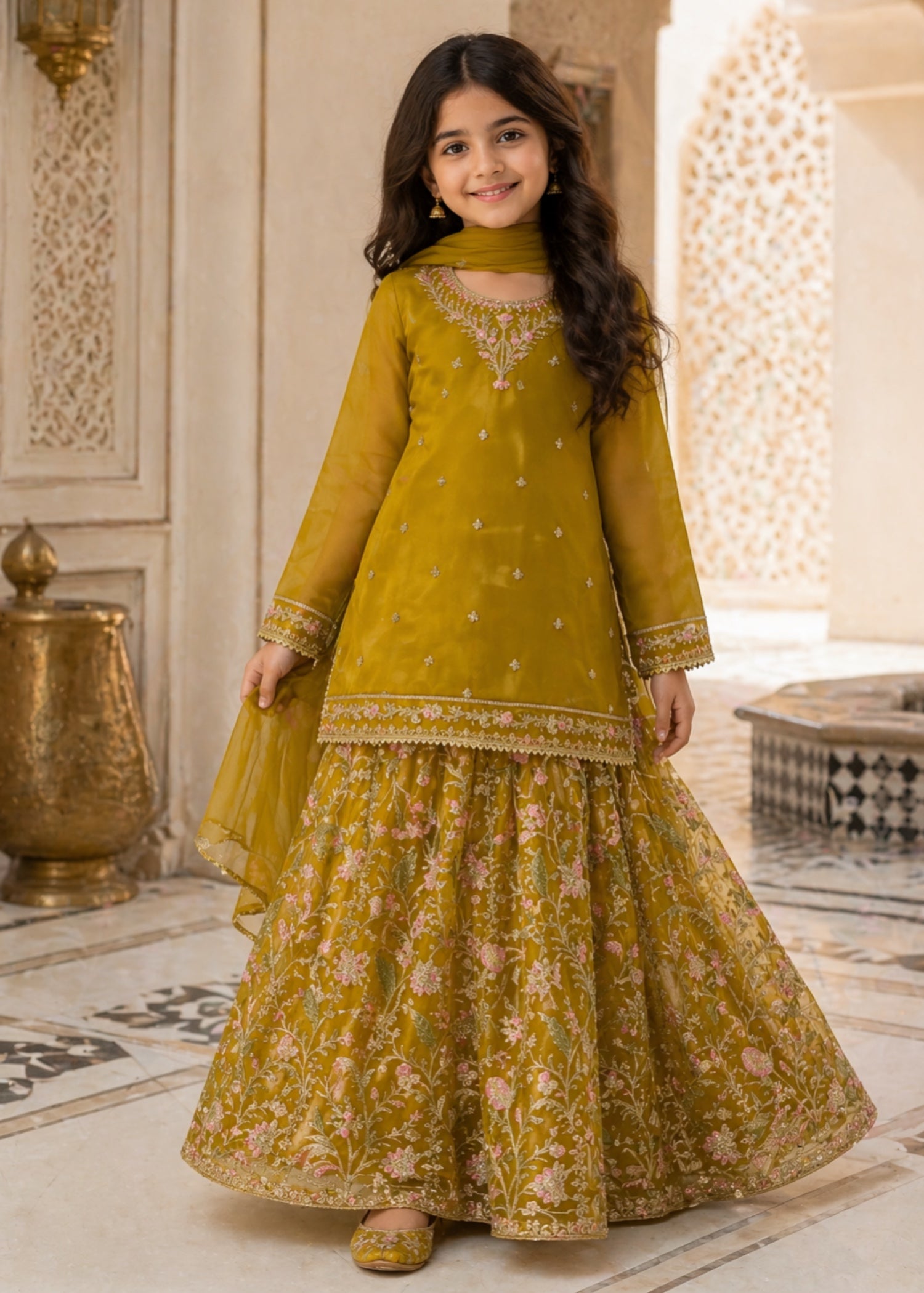 organza Lehenga in Saffron