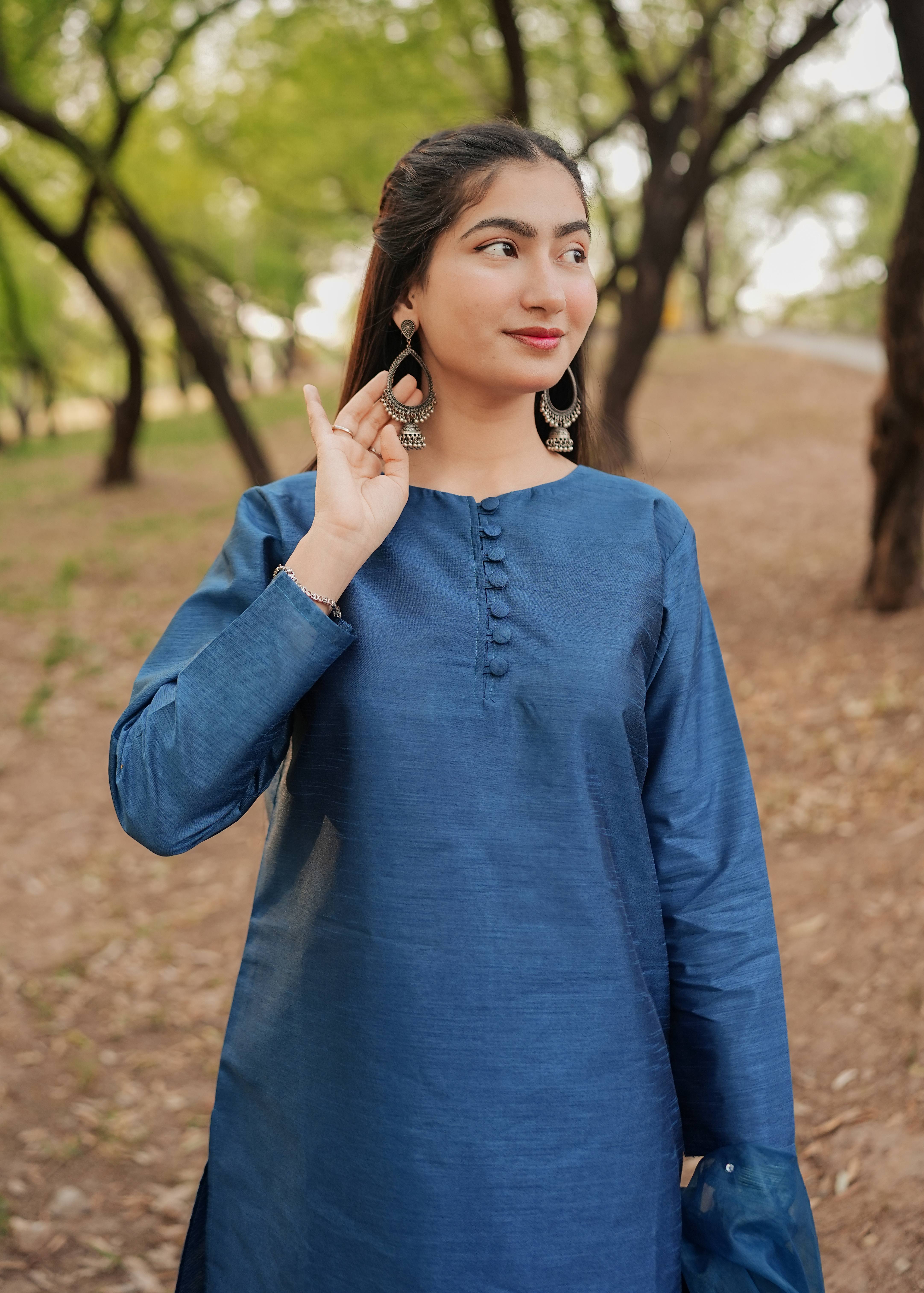 raw silk Kurta Set in Steel blue