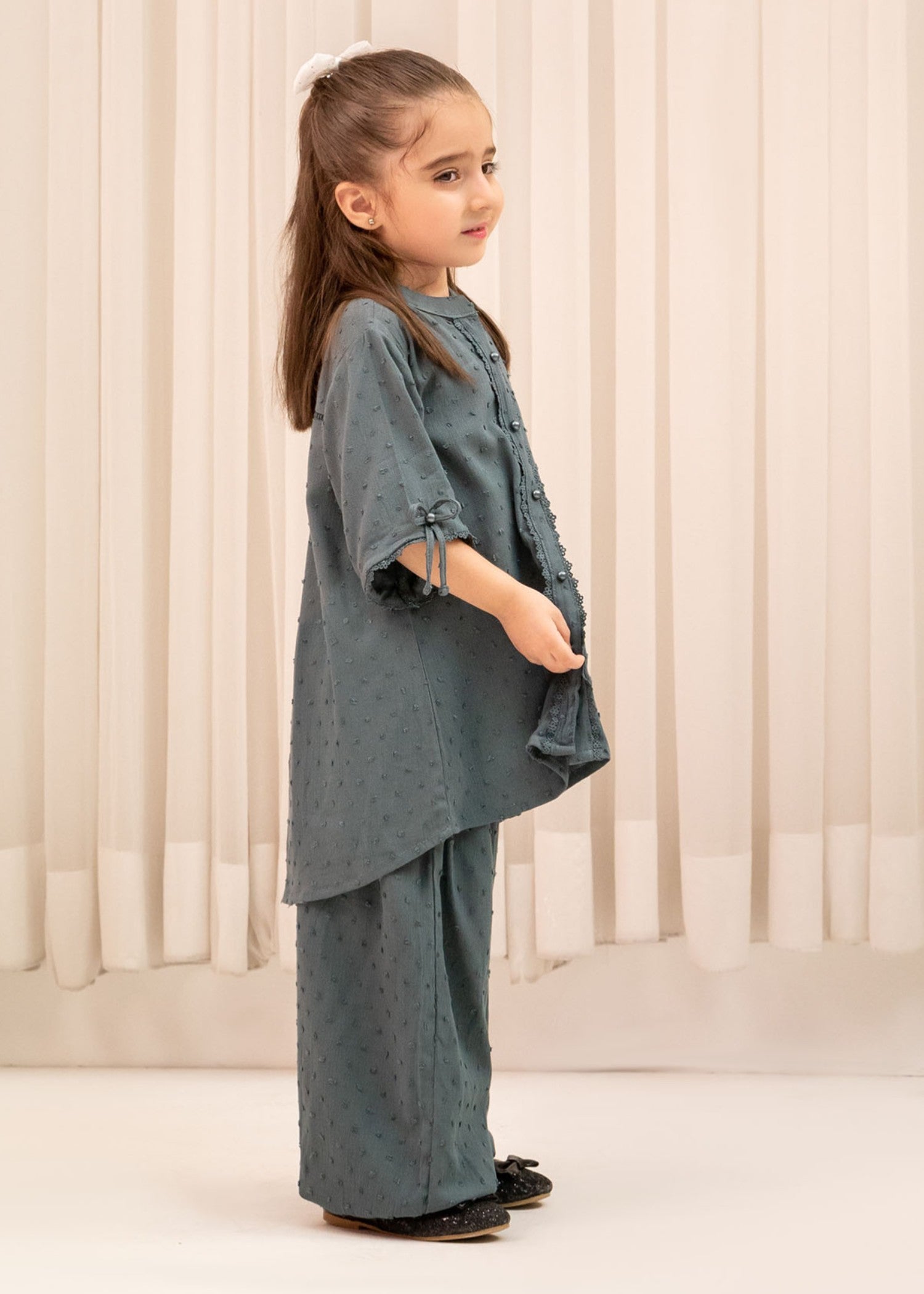 textured chambray Short Frock in Charcoal