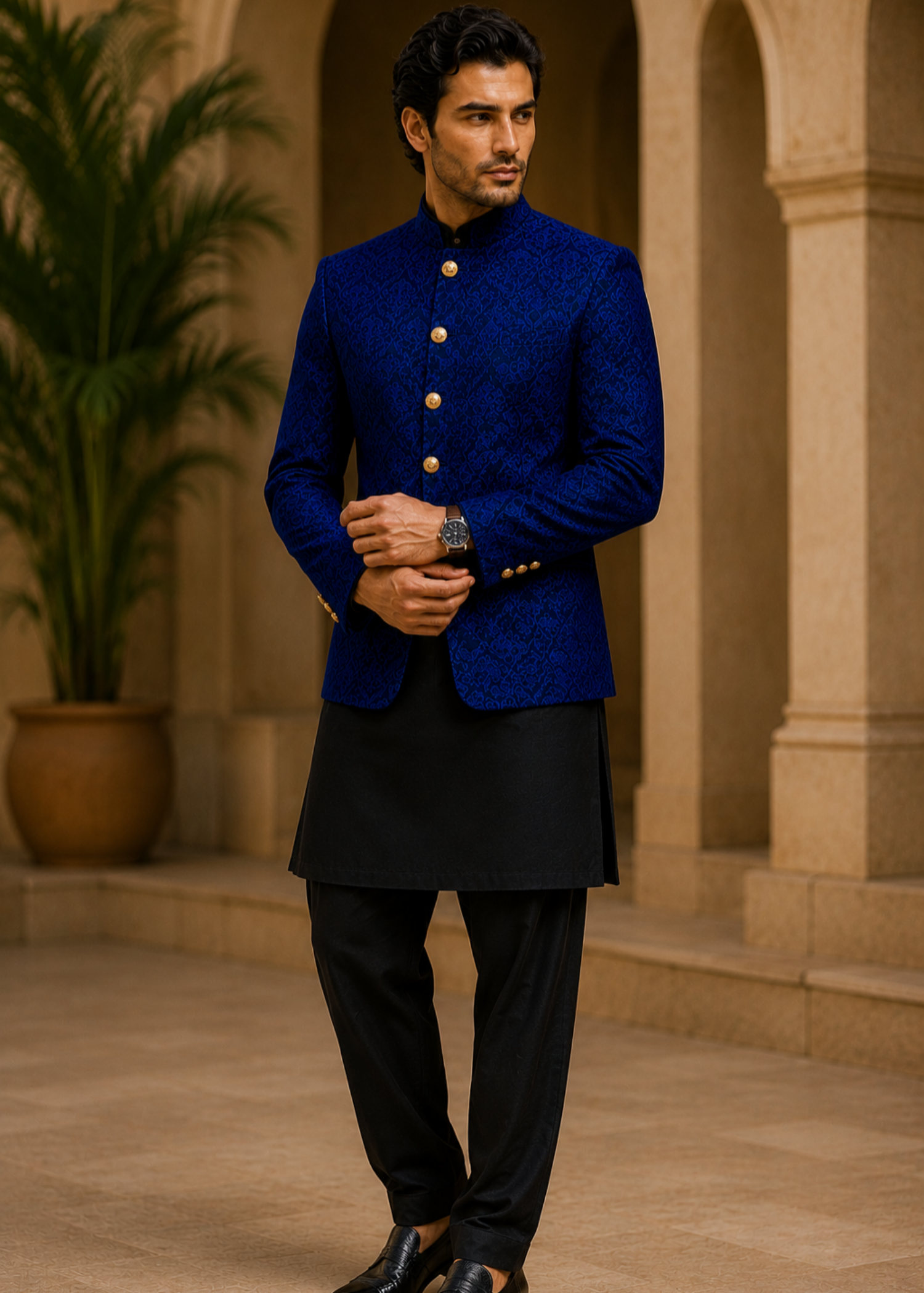 raw silk Prince Coat in Royal blue