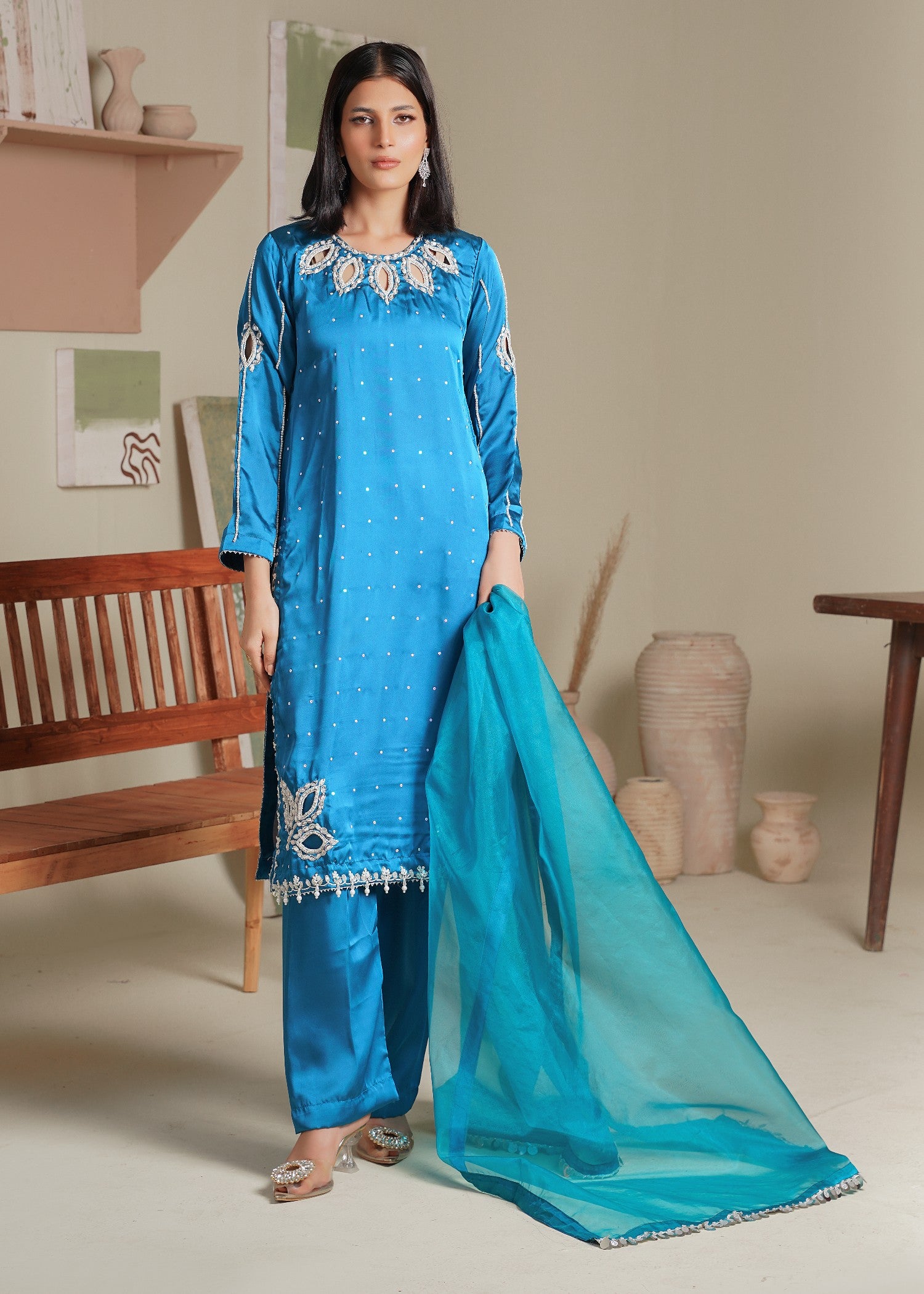 silk Kurta Set in Dodger blue
