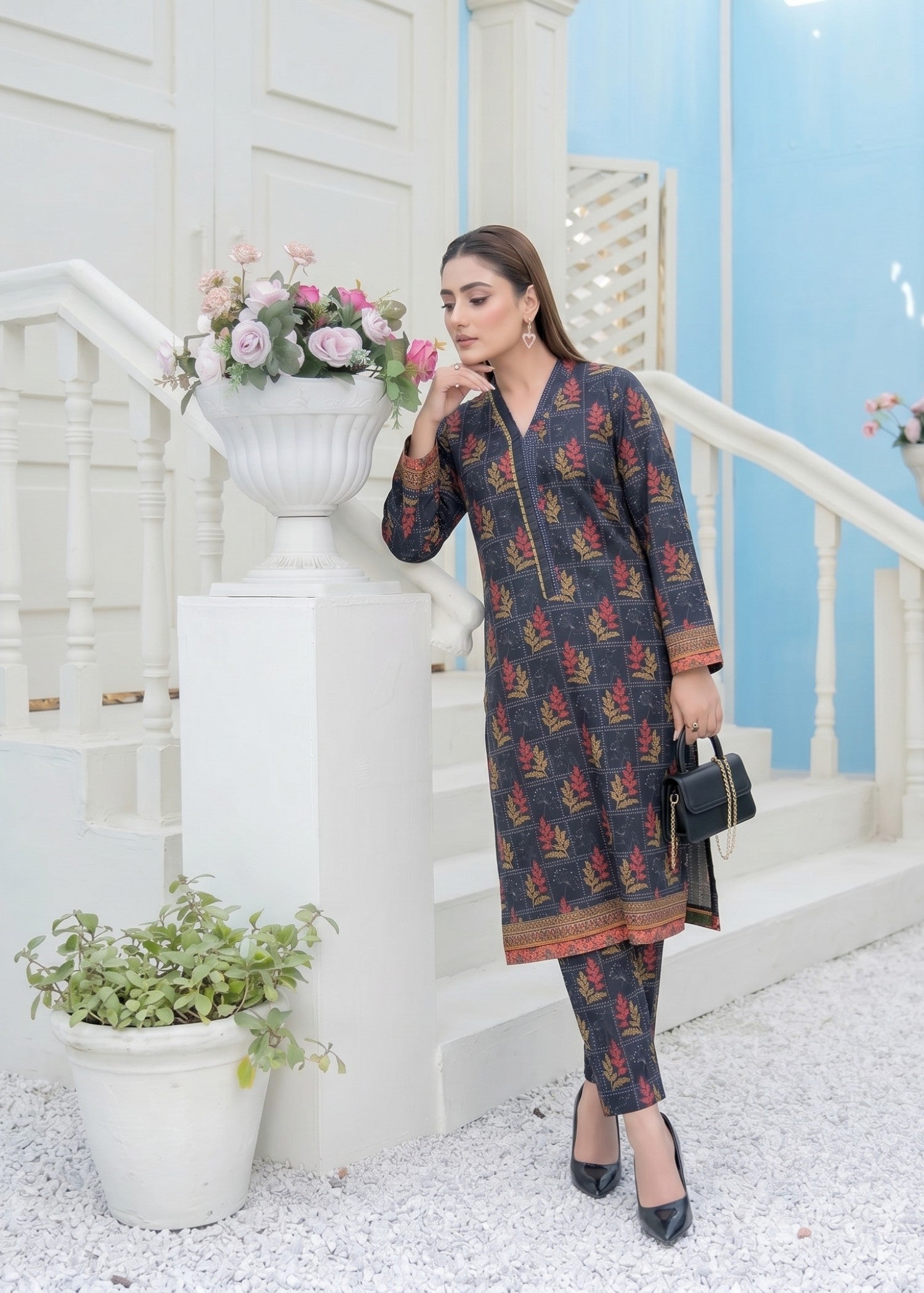 lawn Kurta Set in Carmine, aegean blue