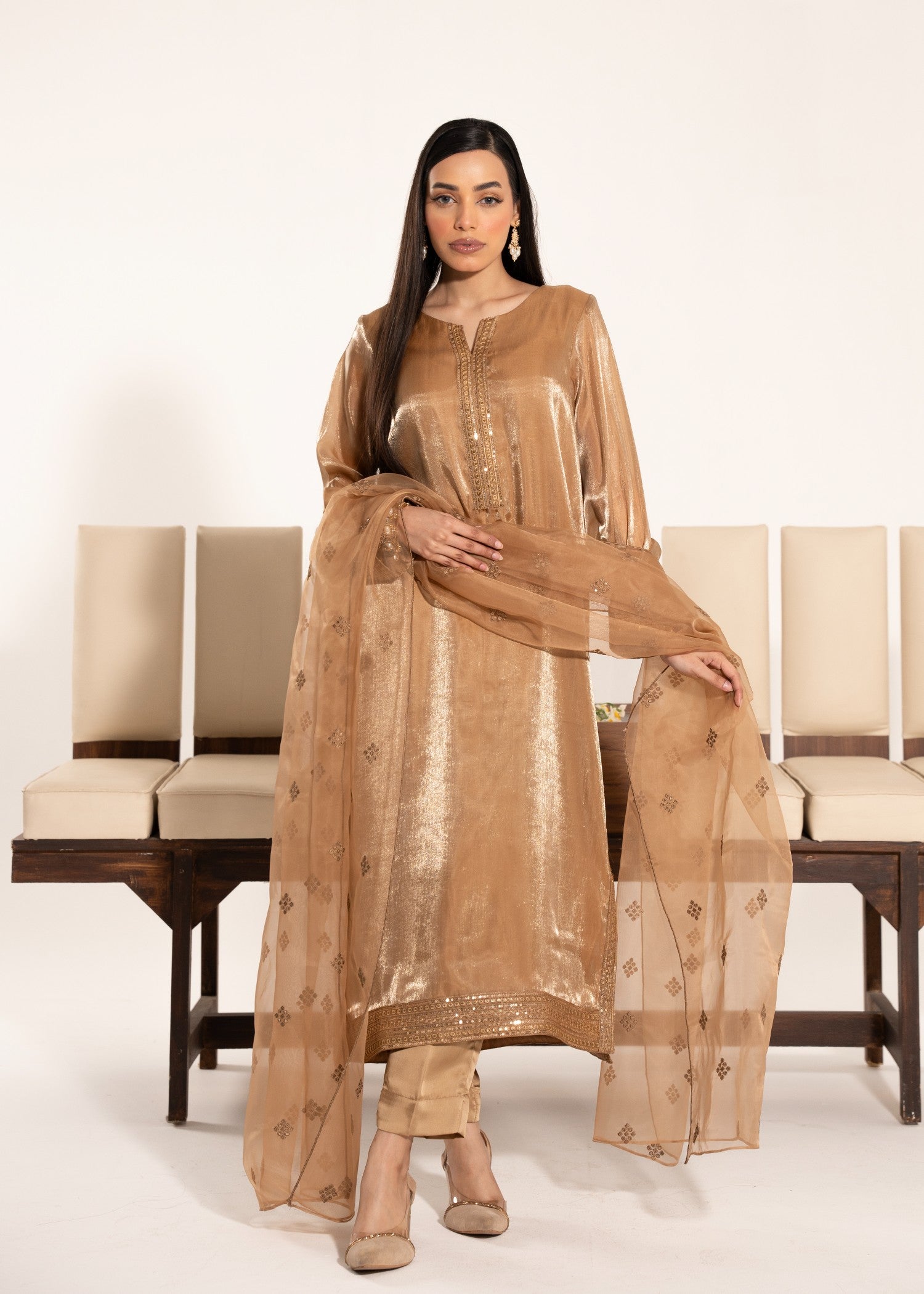 silk tissue Kurta Set in Gold
