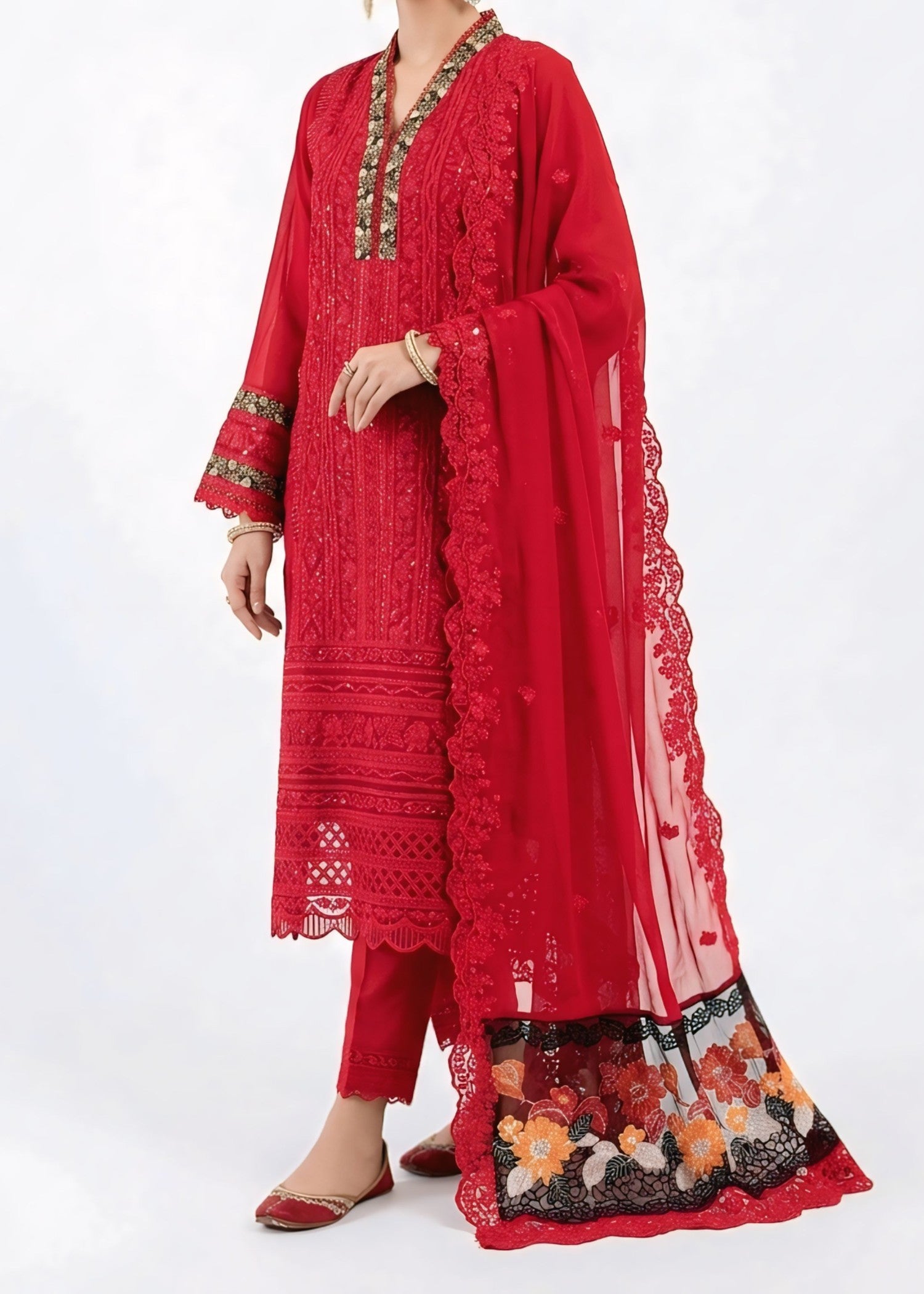 chiffon Kurta Set in Fire red