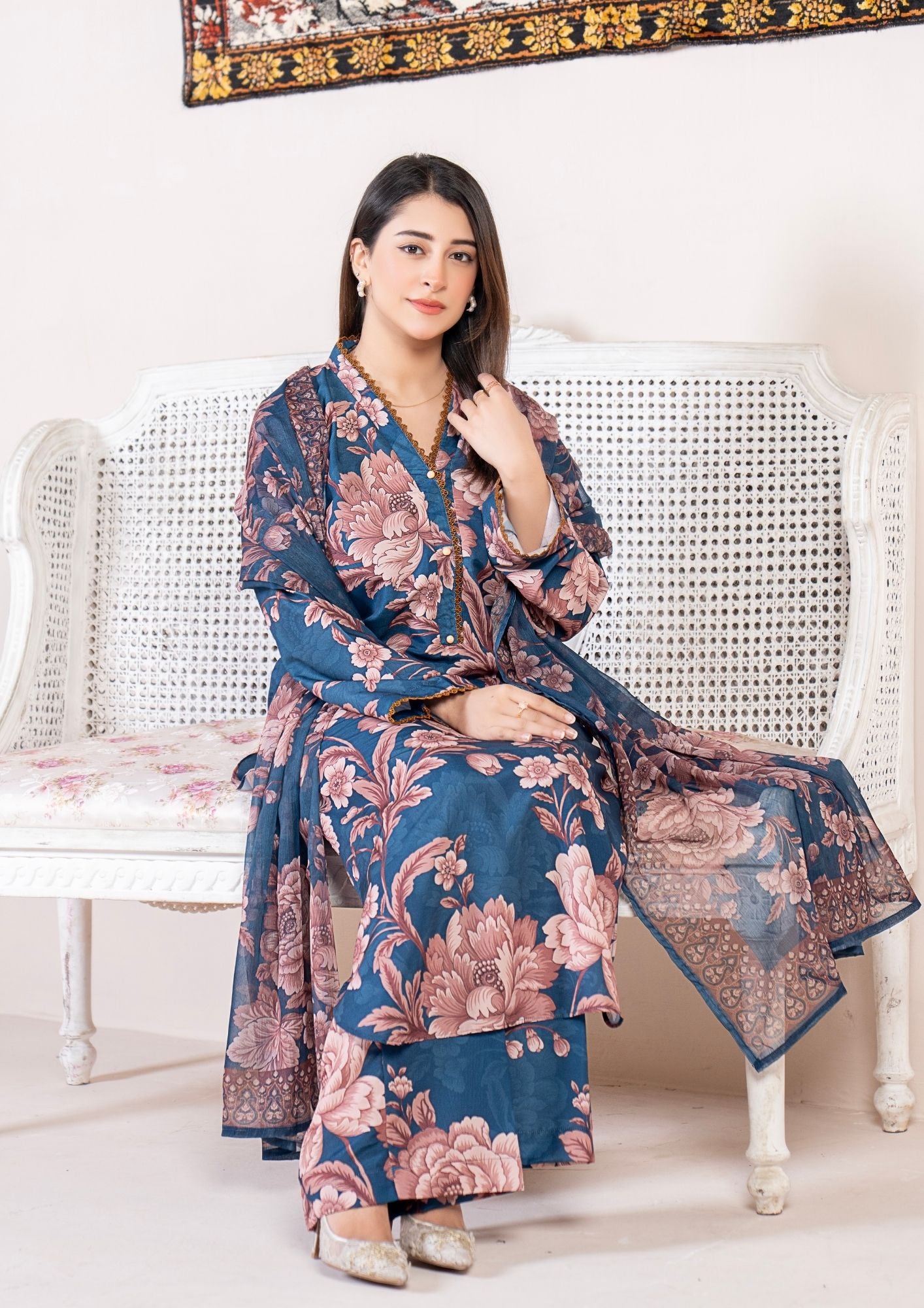 arabic lawn Kurta Set in Slate blue