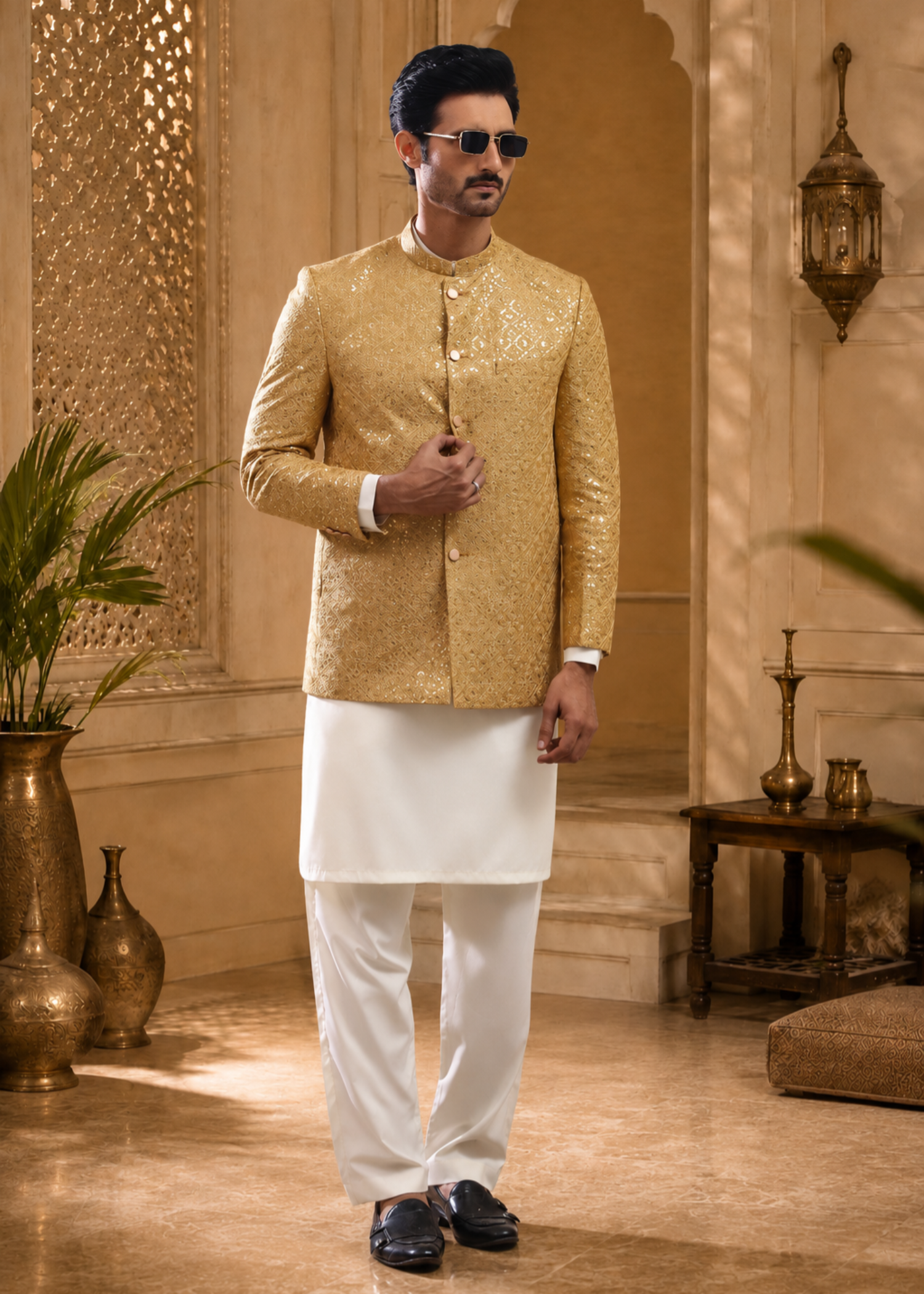 jamawar Prince Coat in Gold