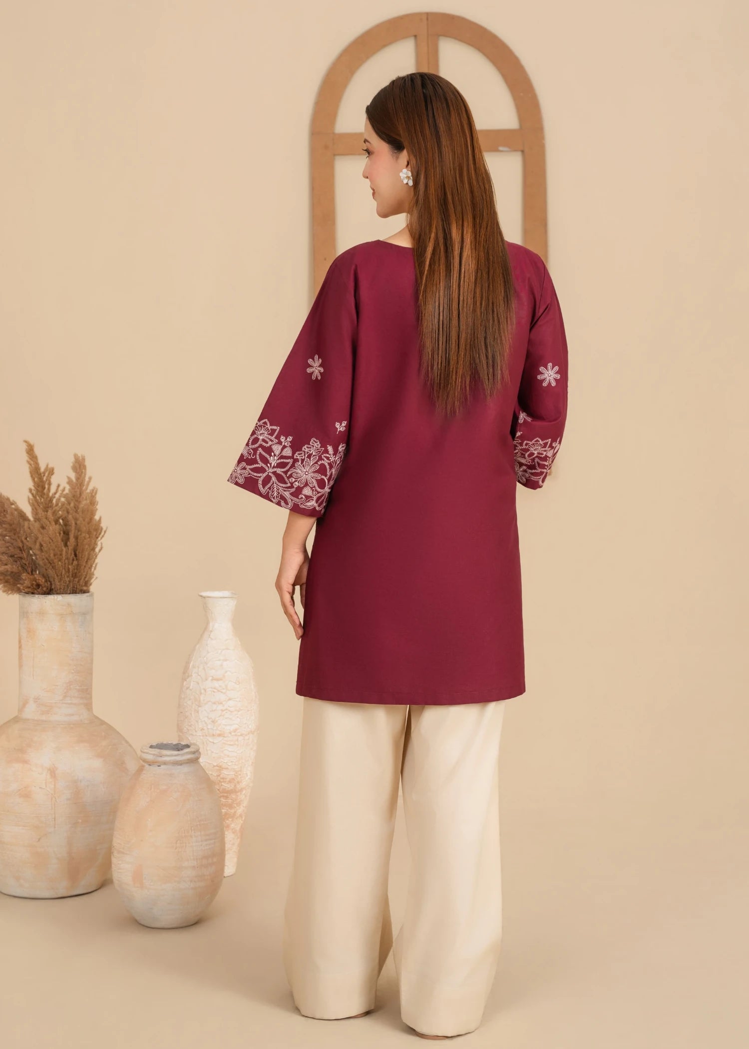 lawn Kurta Set in Beige, burgundy