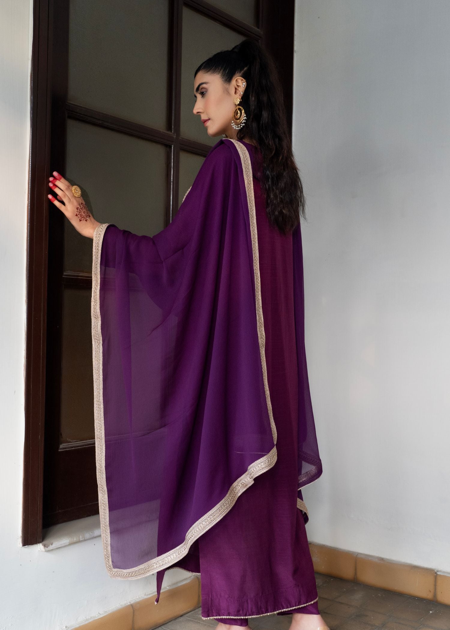slub Kurta Set in Purple