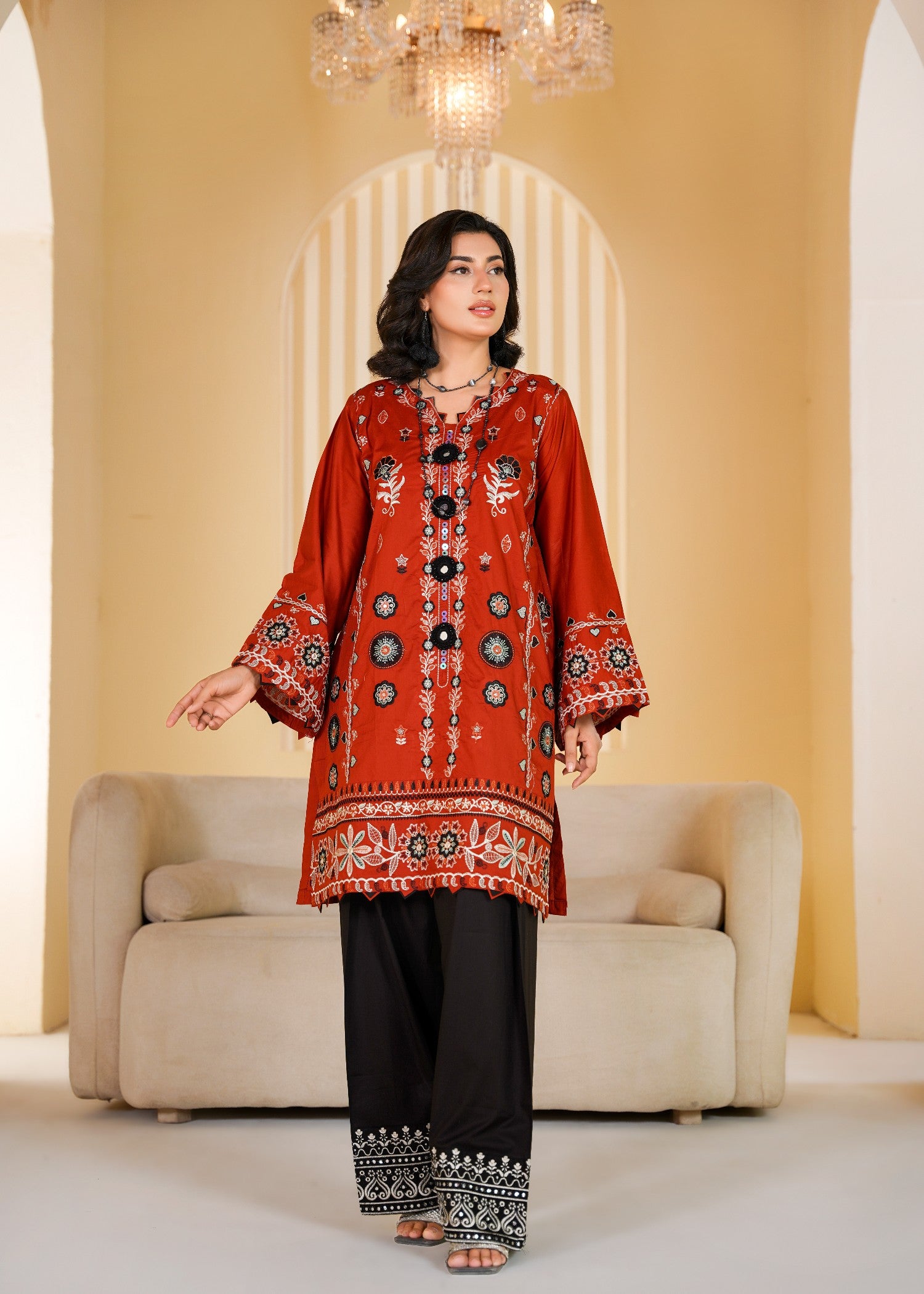 lawn cotton Kurta Set in Rust orange