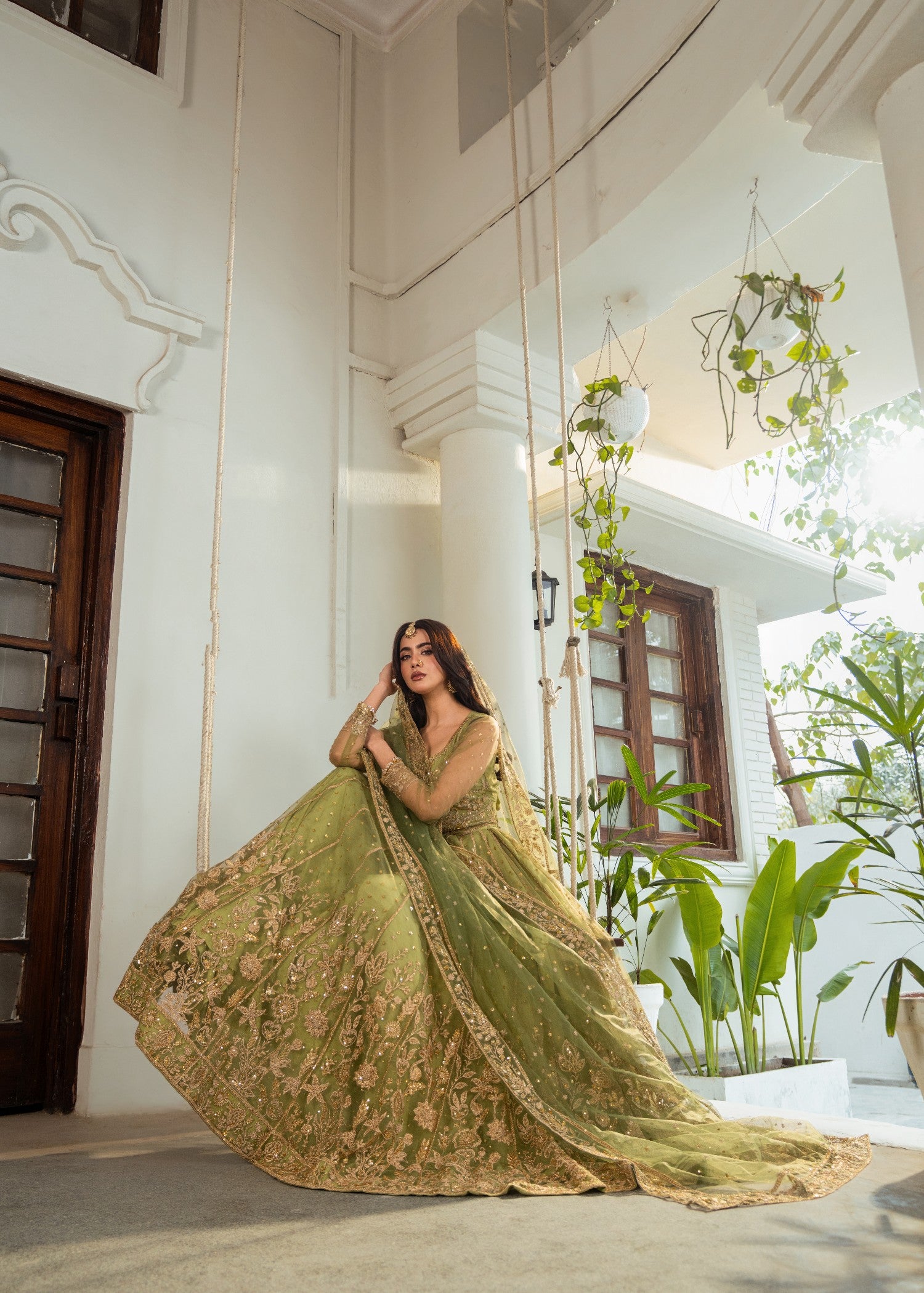 net Lehenga in Olive green