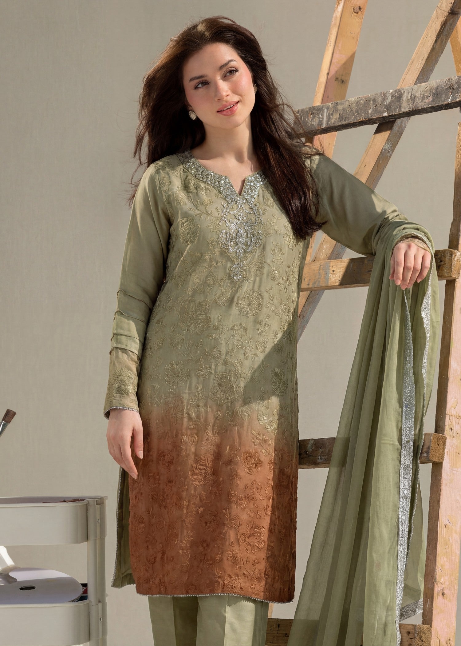 khaddi net Kurta Set in Sage green