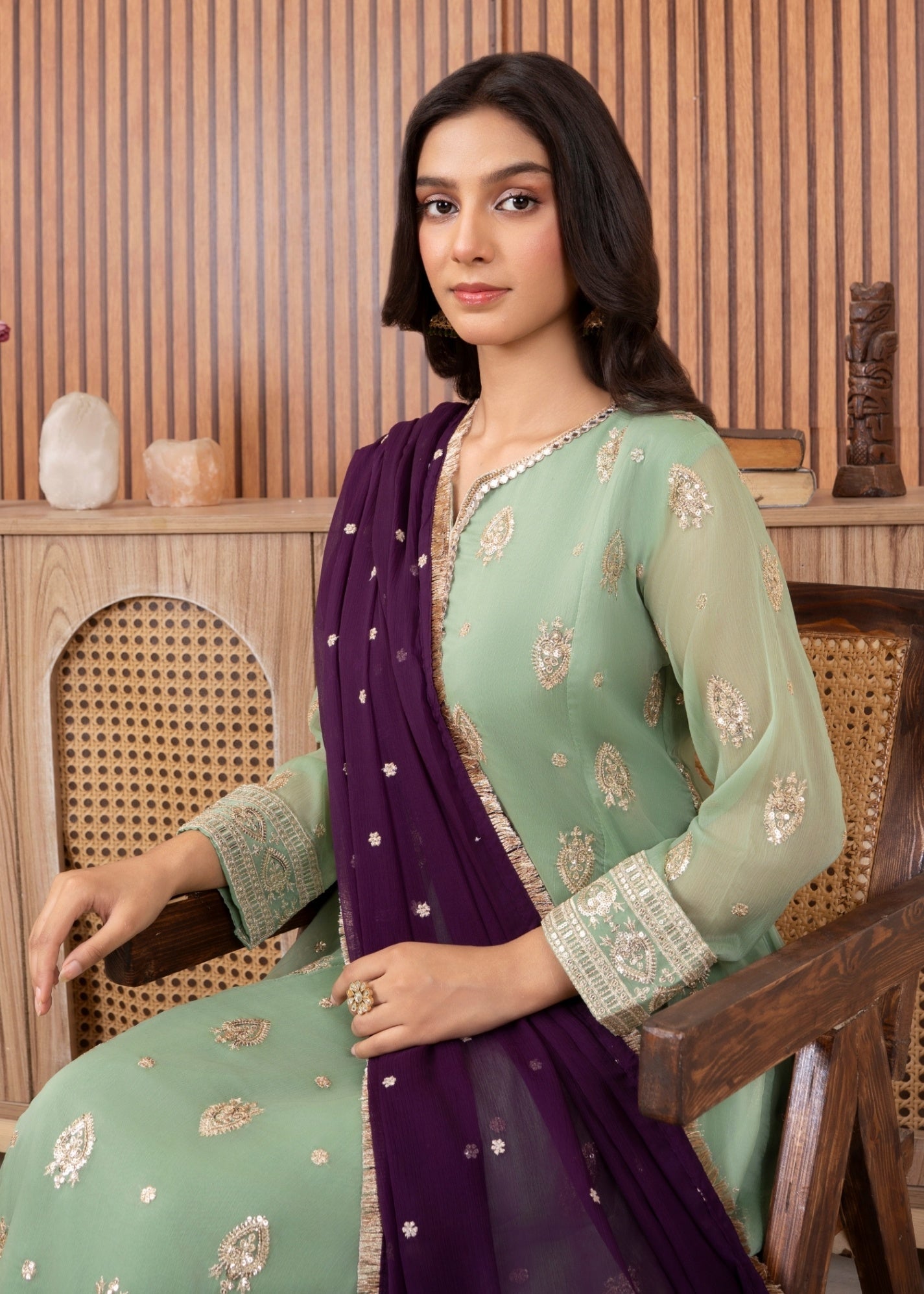 chiffon Pishwas in Pastel green
