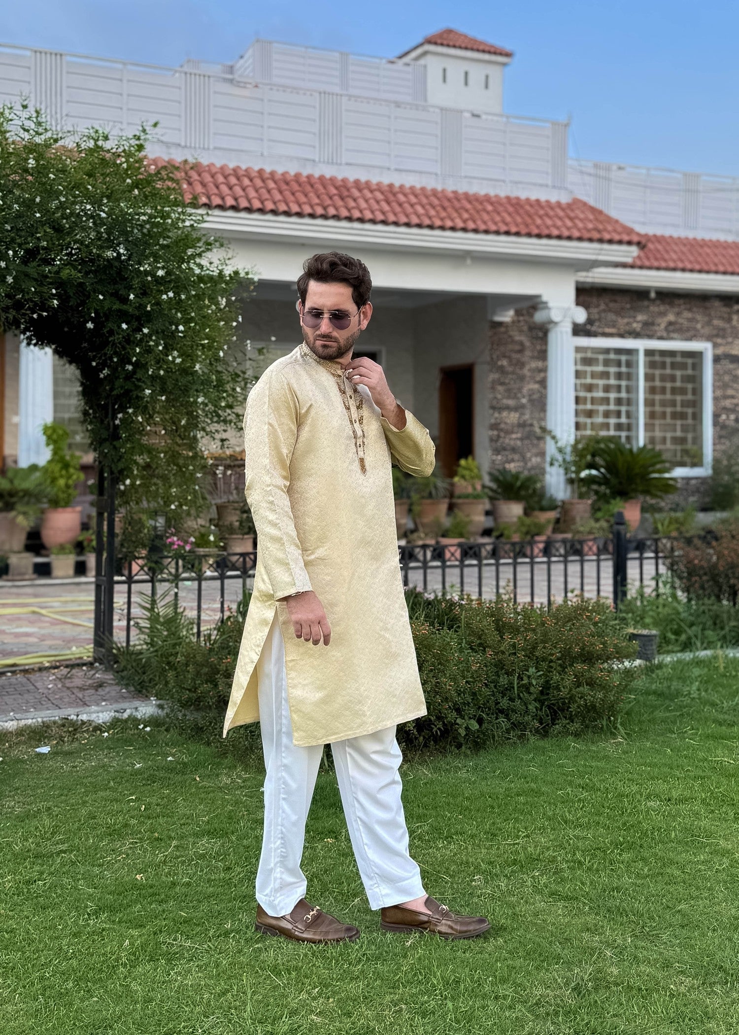 traditional jamawar Kurta in Gold