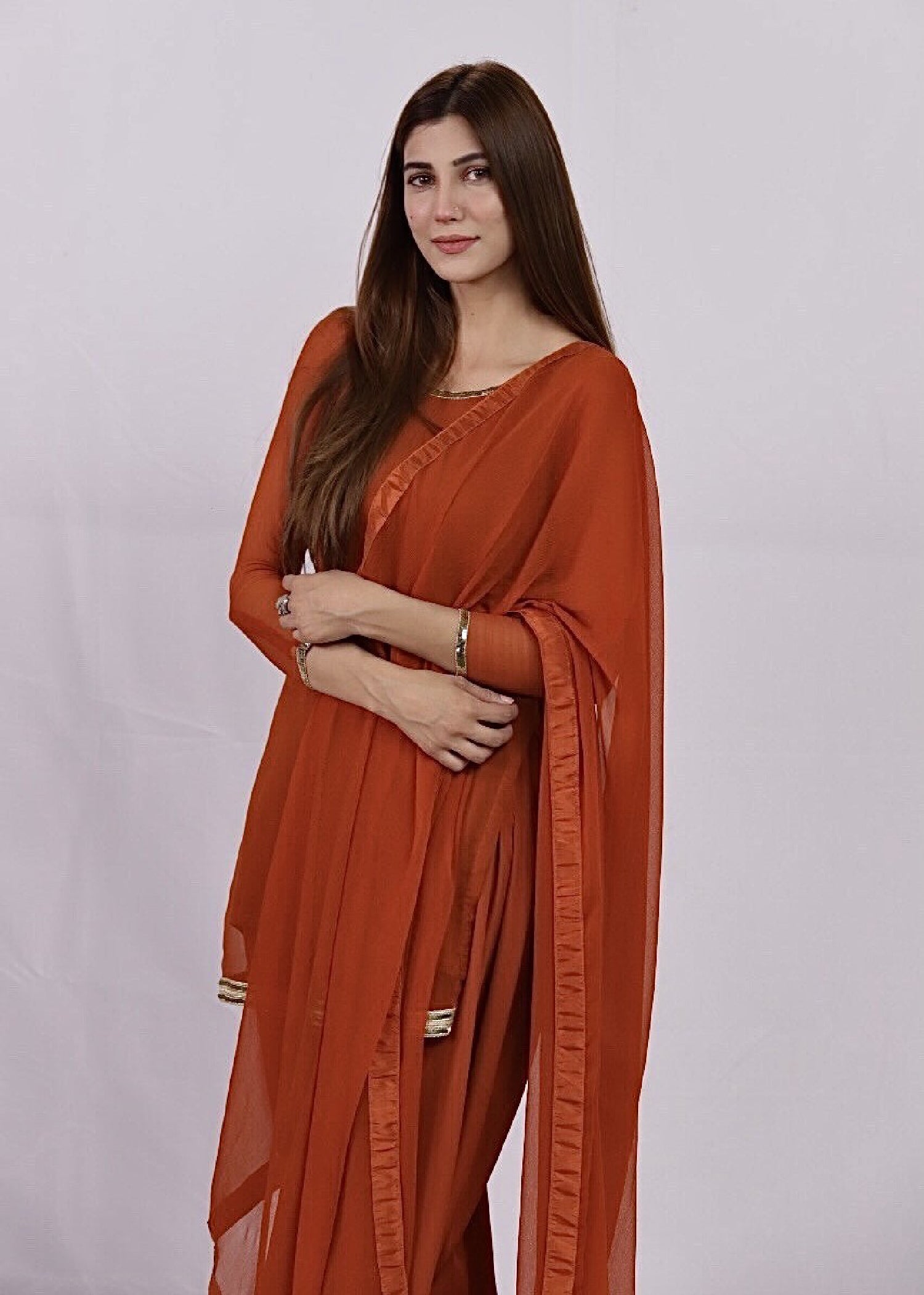 bemberg crinkle chiffon Kurta Set in Rust orange