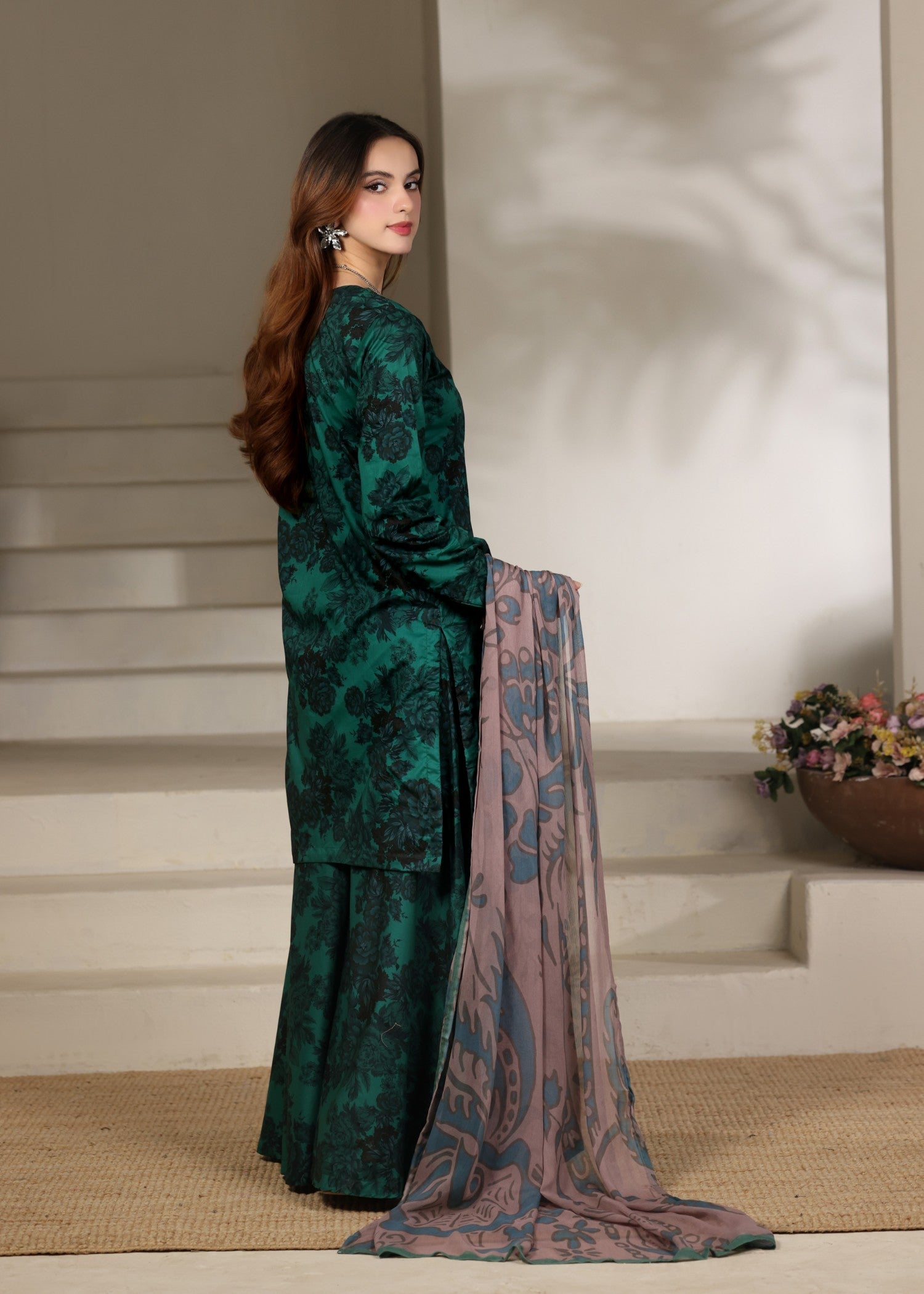 lawn Kurta Set in Dark green, sea green