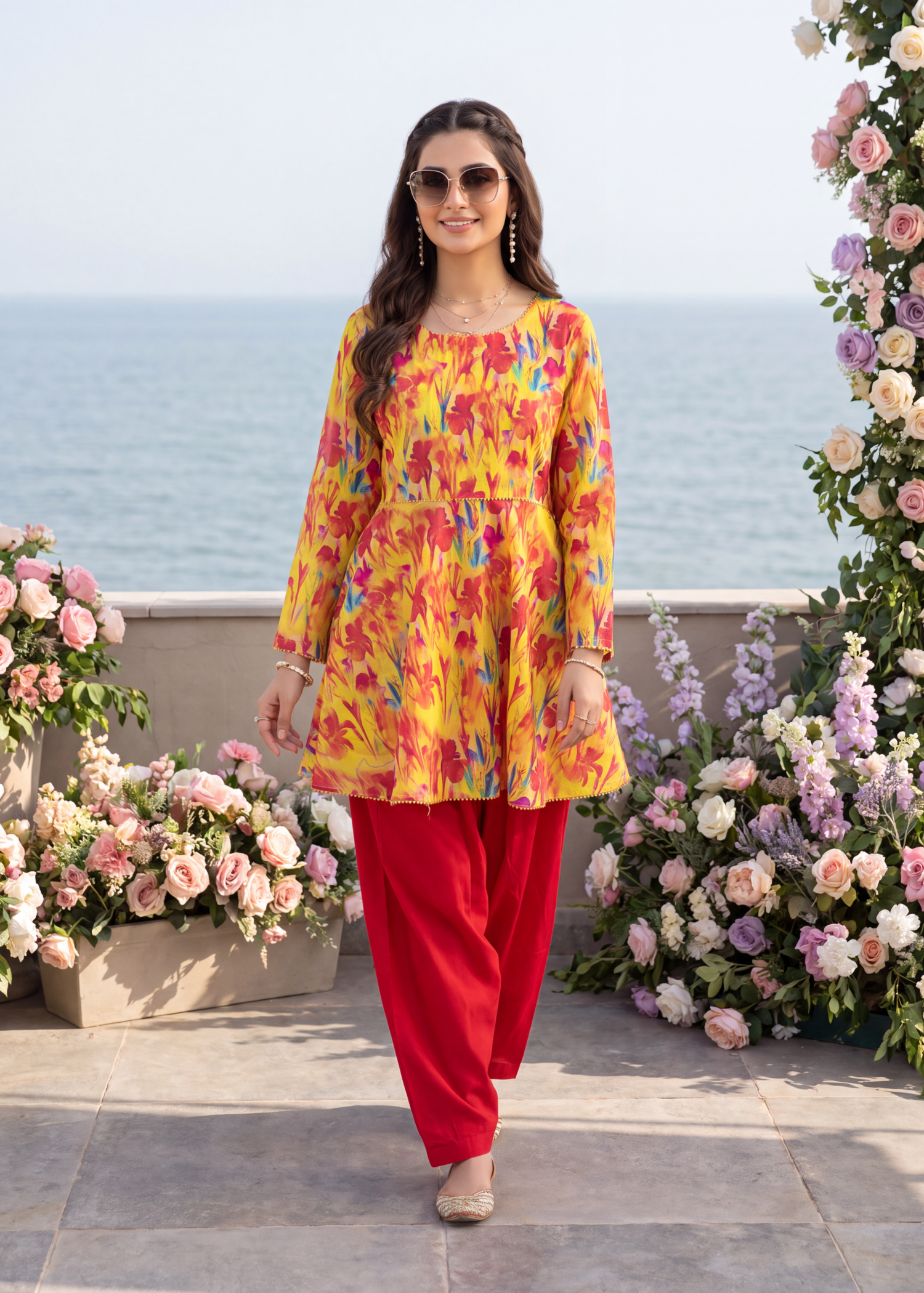 lawn Short Frock in Multi, sunflower, red