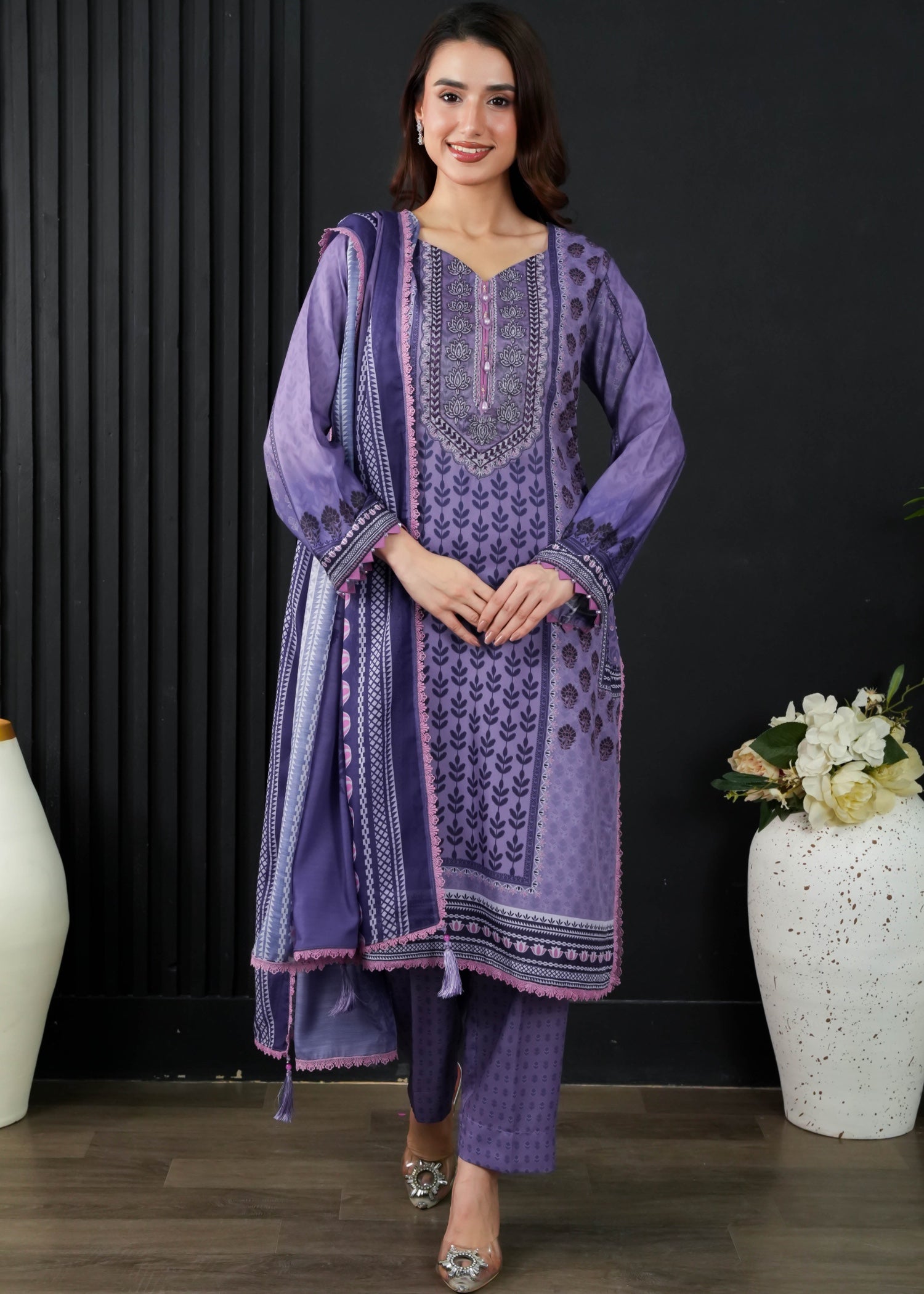 slub cambric Kurta Set in Heathered lilac