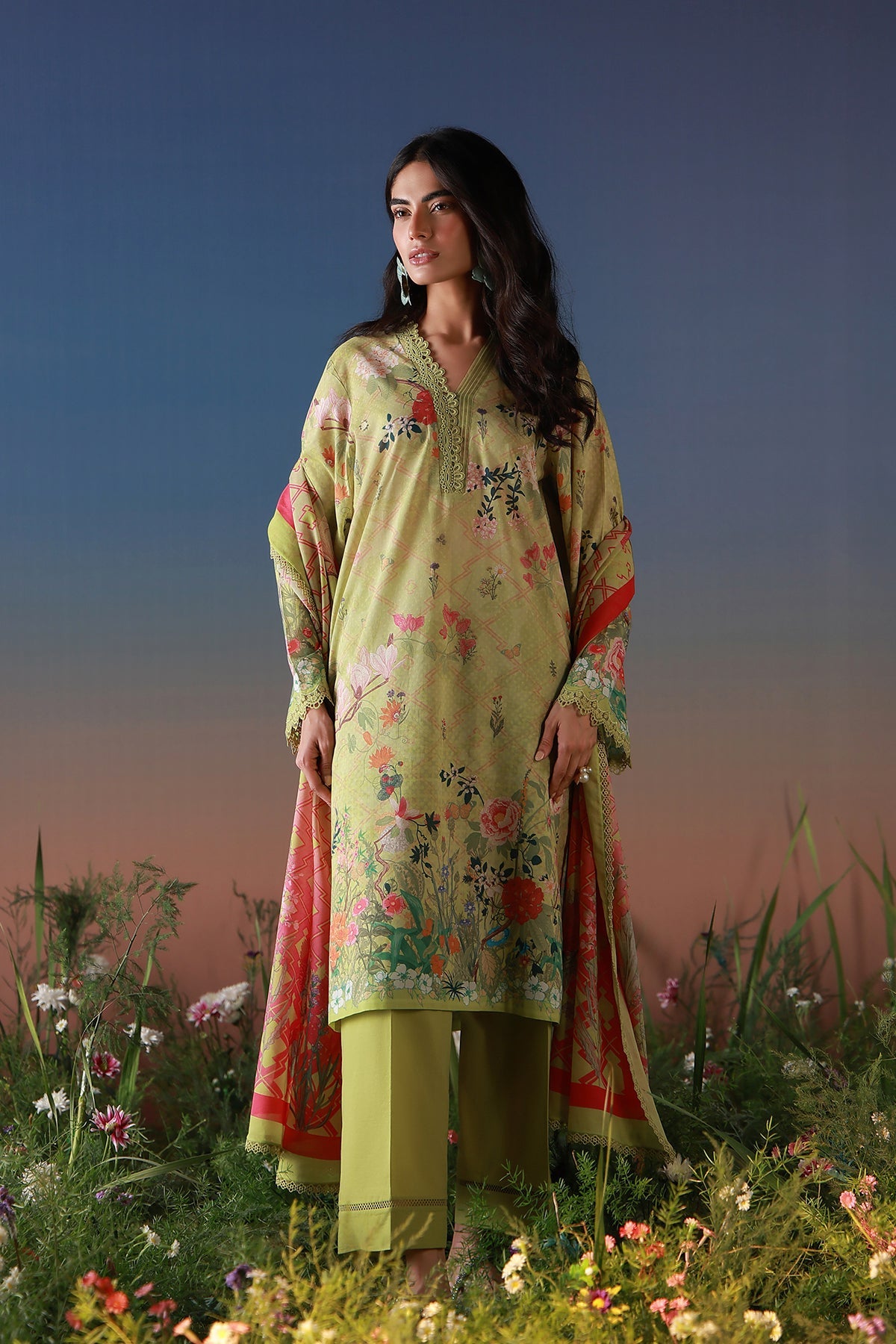 Mirha Lawn – Olive Petal