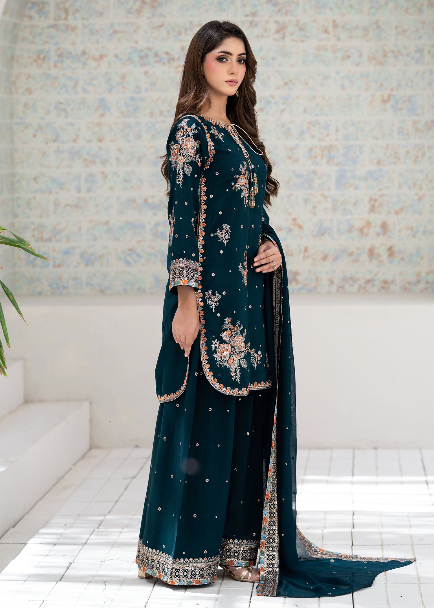silk Kurta Set in Teal