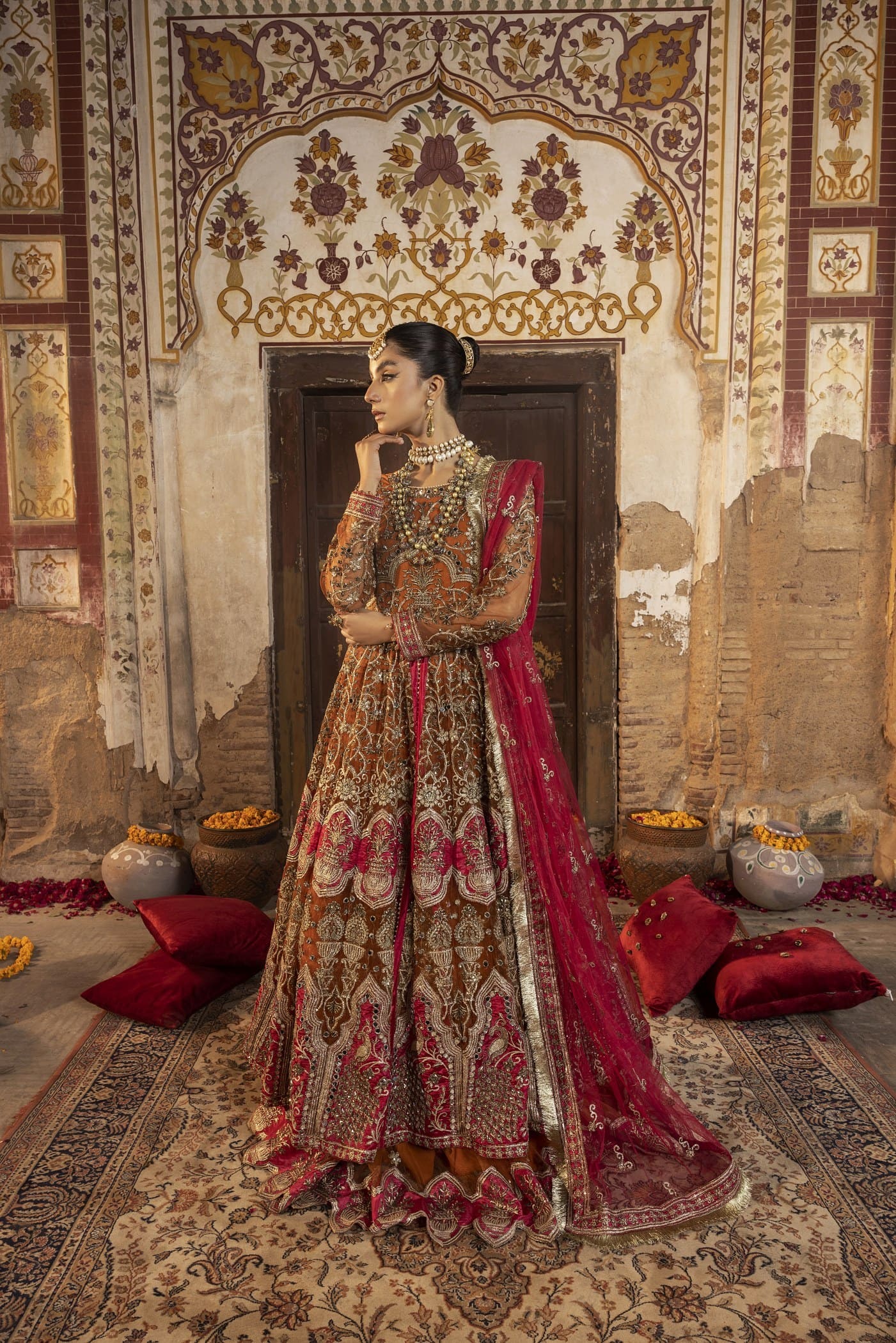 net Lehenga in Orange