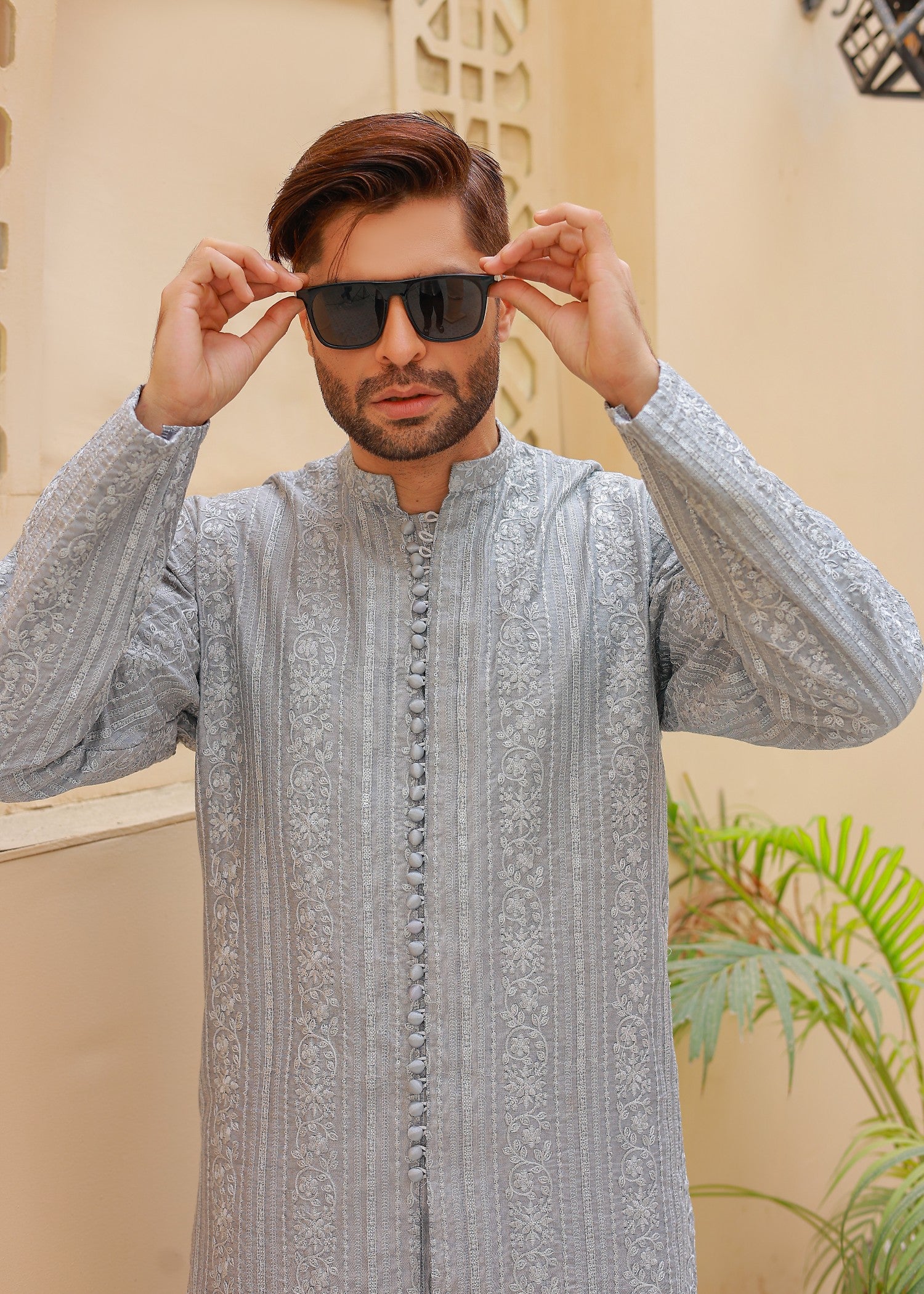 raw silk Kurta Set in Light grey