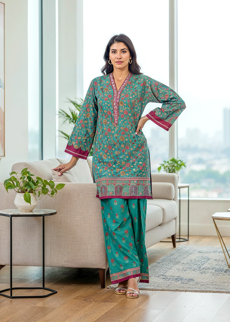 cambric Kurta Set in Sea green