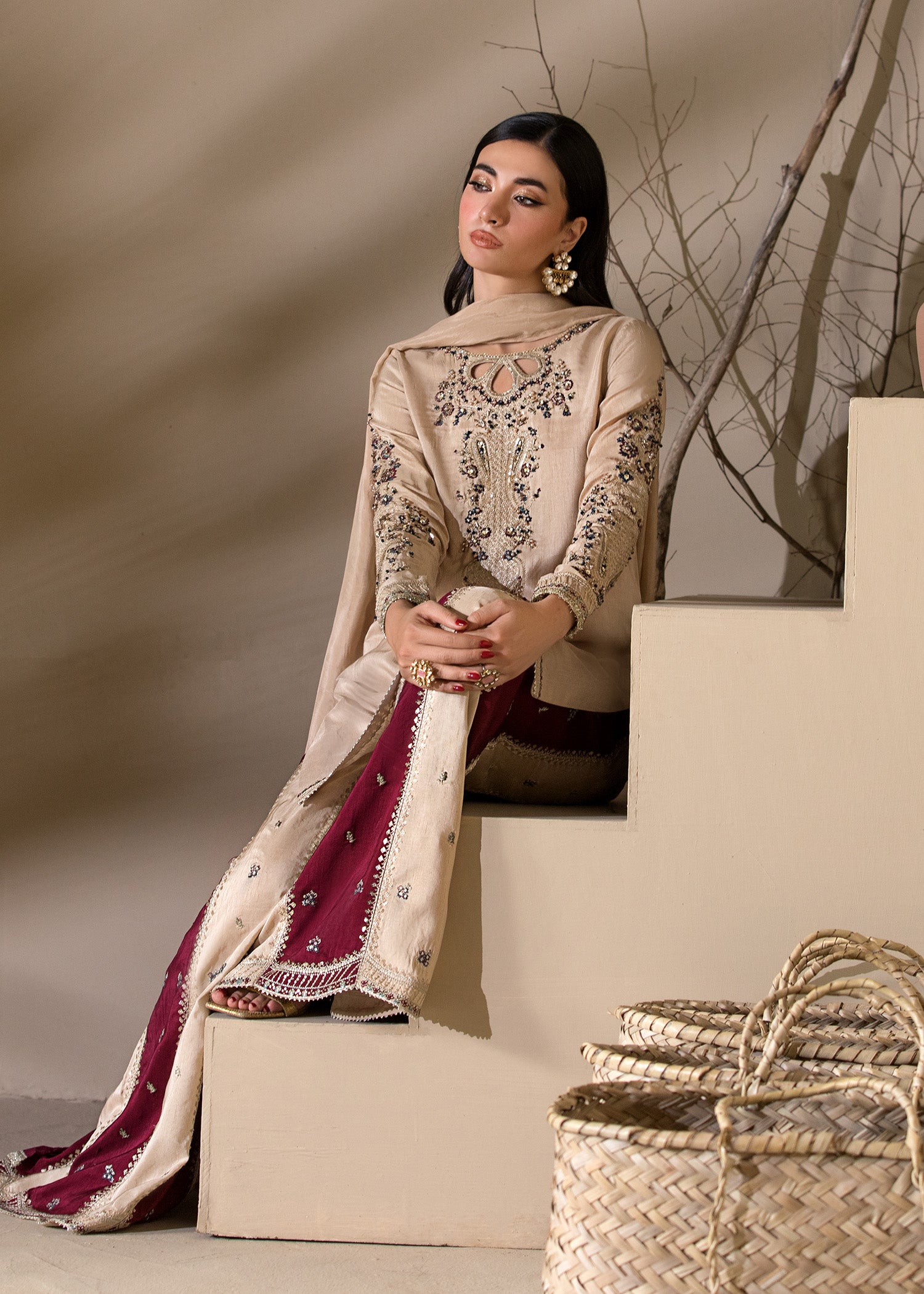 raw silk Sharara in Ivory