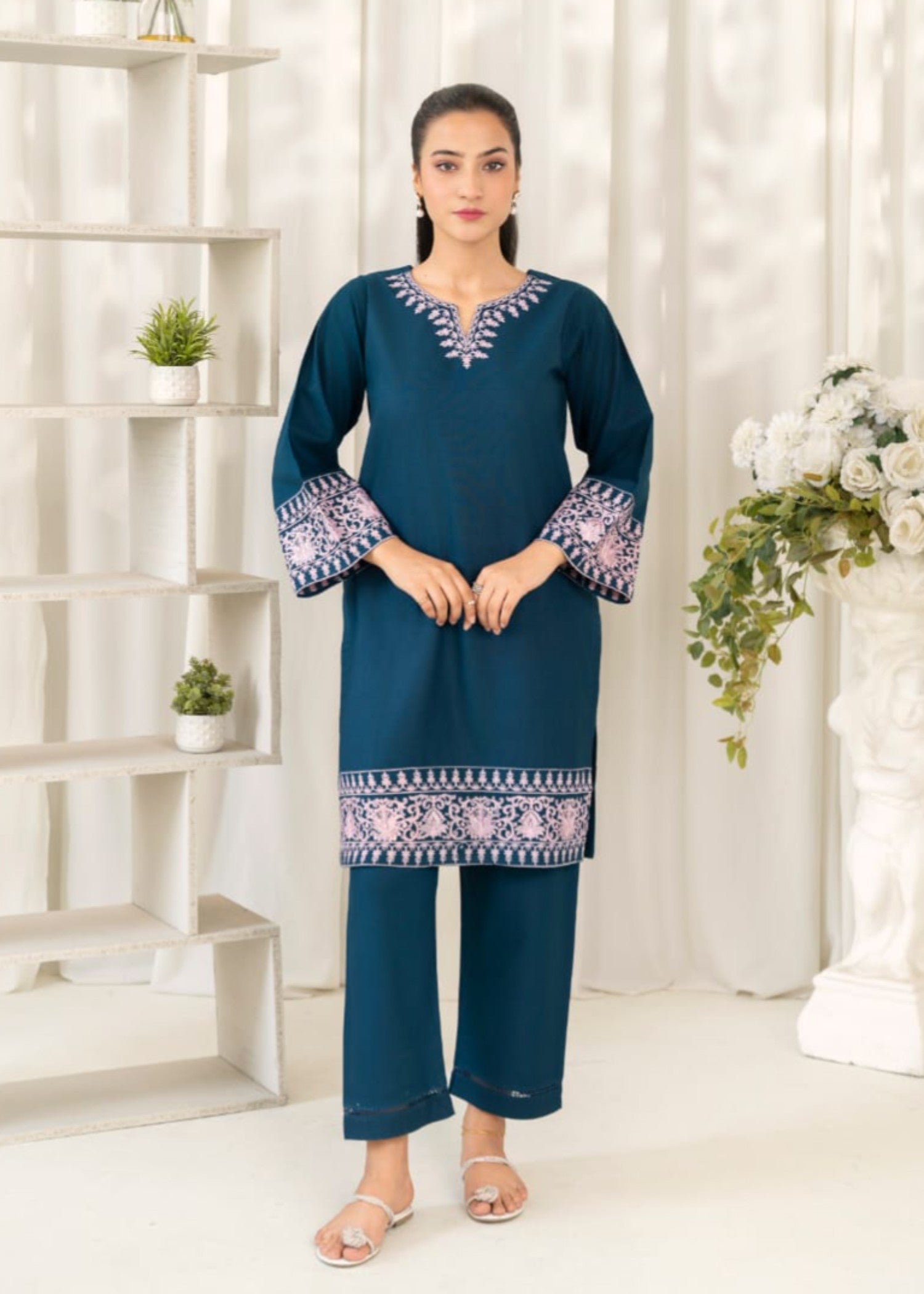 slub khaddar Kurta Set in Teal