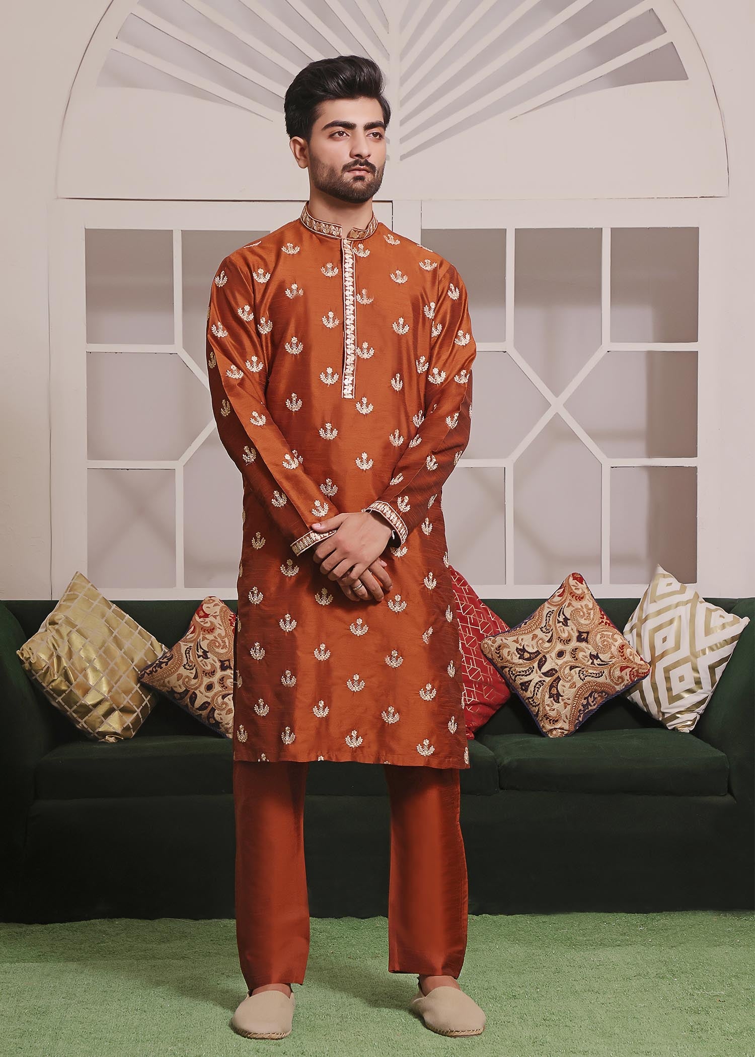 raw silk Kurta Set in Orange
