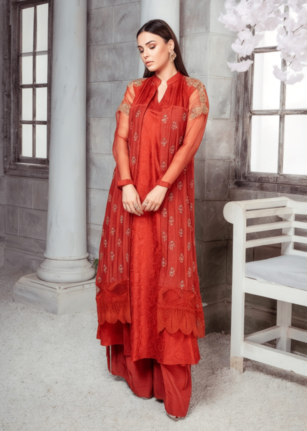 khaddi net Gown in Flame