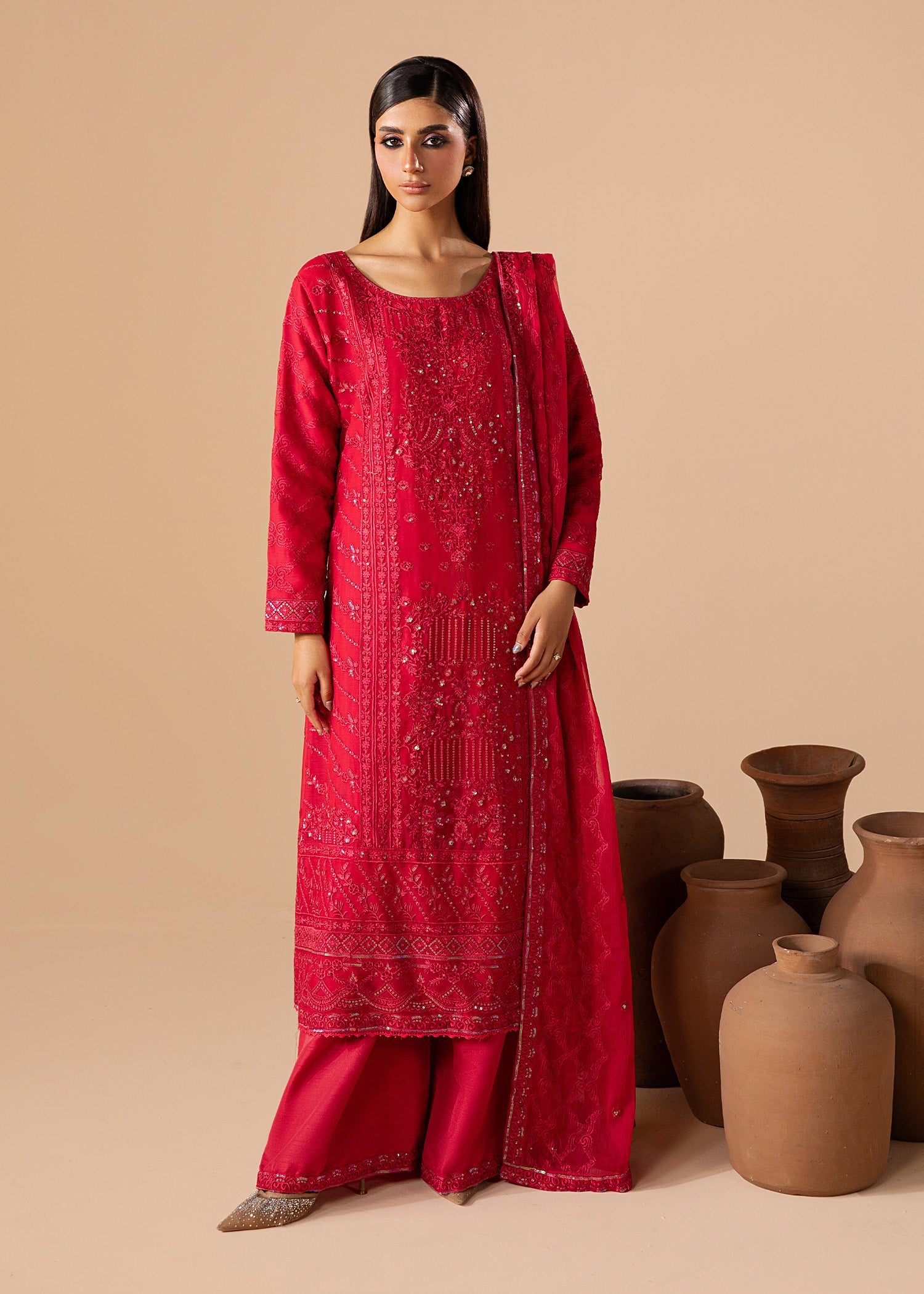 chiffon Kurta Set in Ruby red