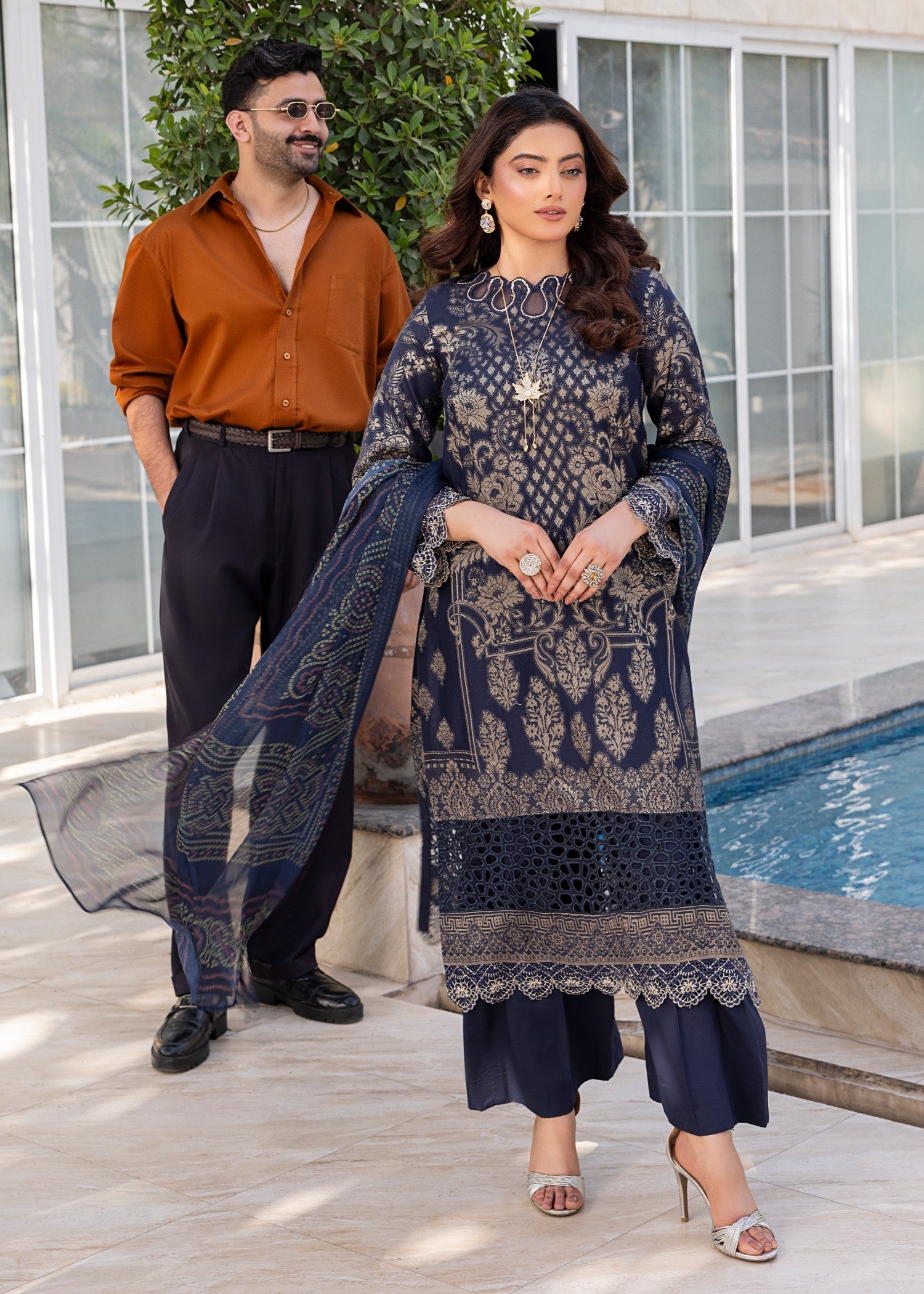 jacquard Kurta Set in Navy blue