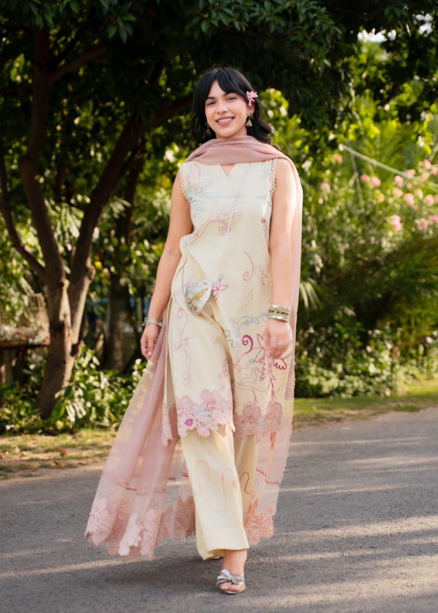 lawn cotton Kurta Set in Butter