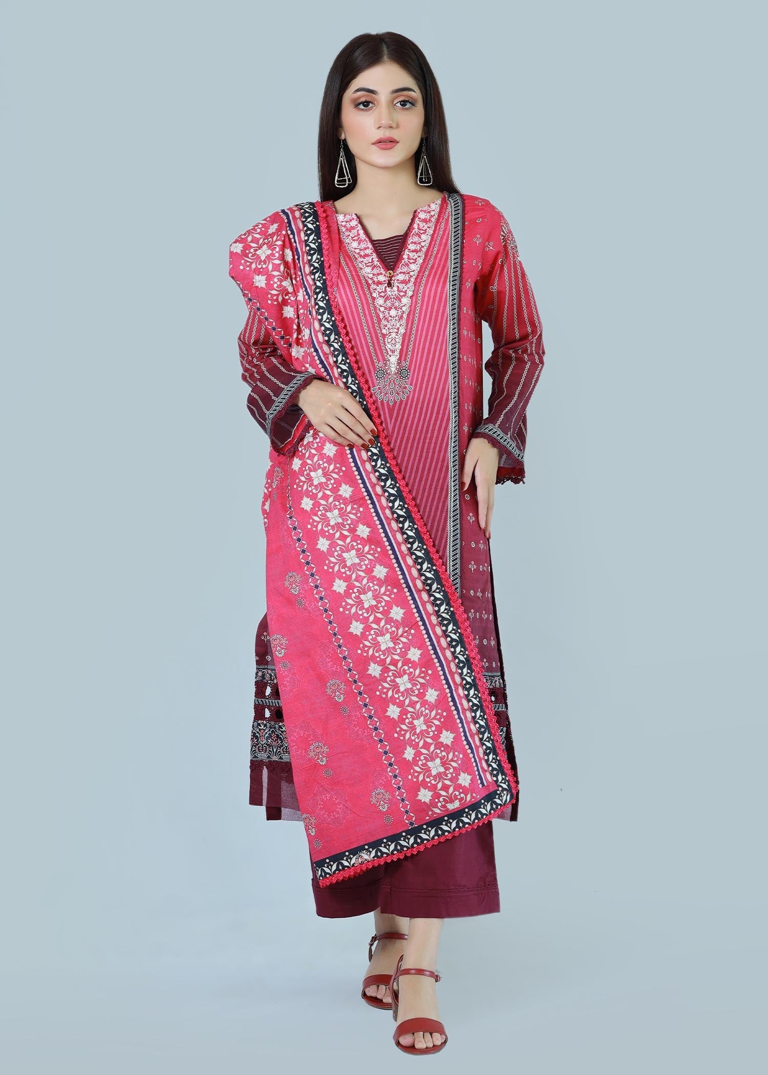 lawn Kurta Set in Maroon