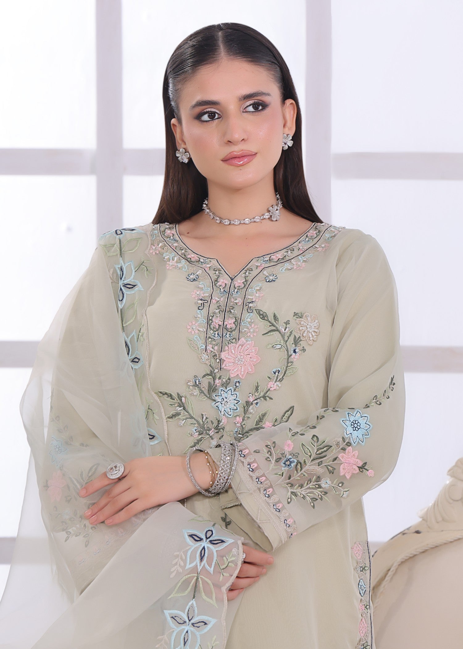 organza Kurta Set in Beige