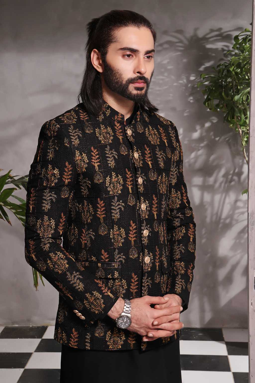 raw silk Prince Coat in Black