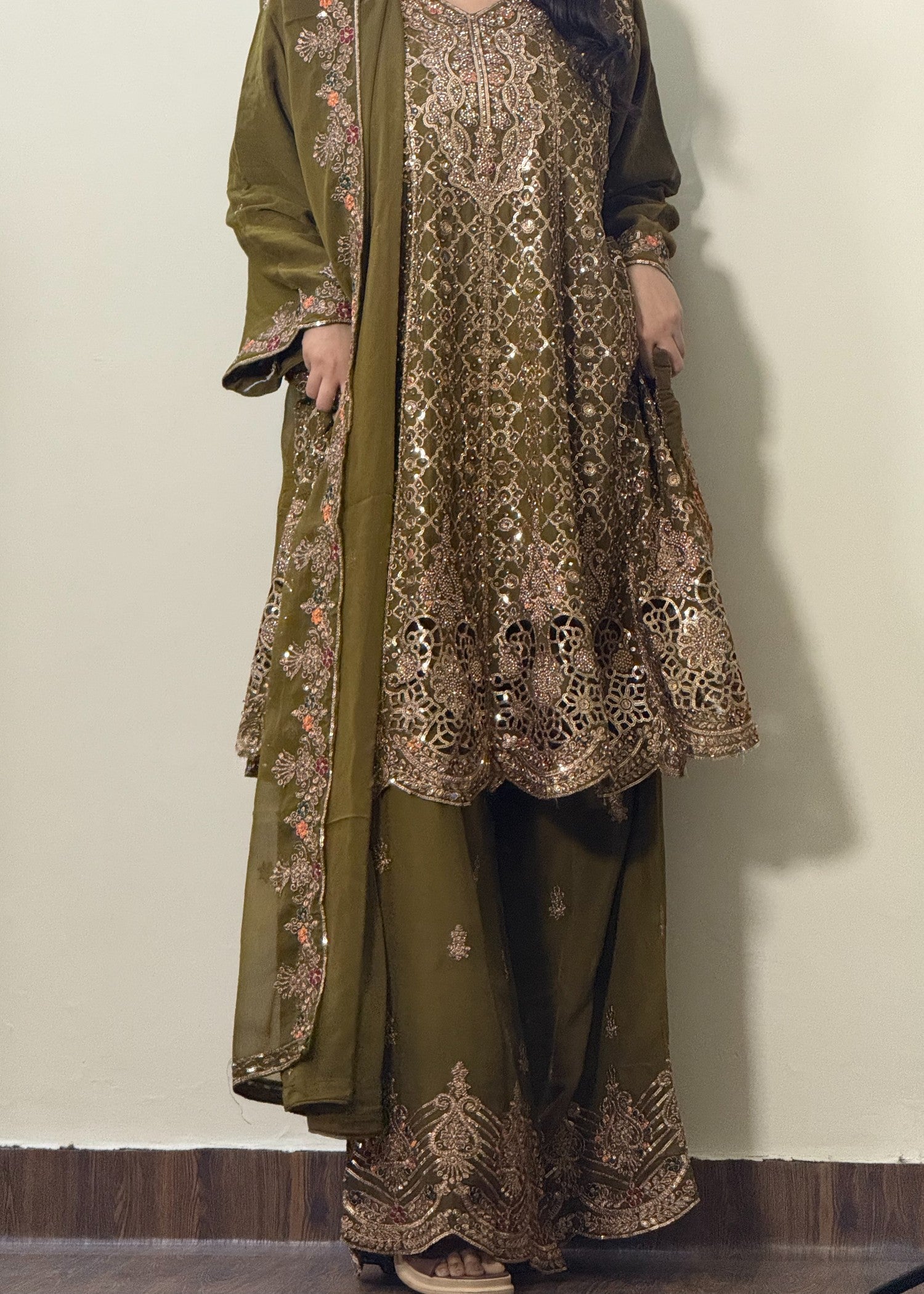 chiffon Short Frock in Olive green
