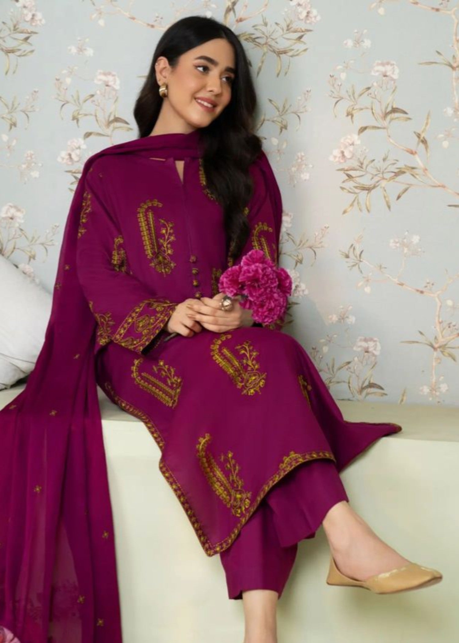 cambric Kurta Set in Fuchsia pink