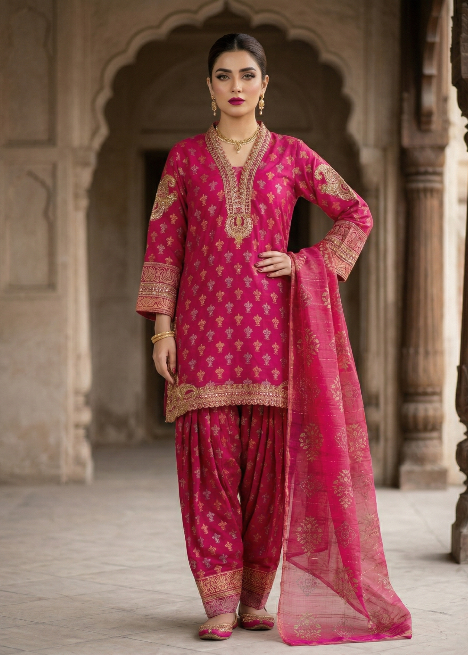 jacquard Kurta Set in Shocking pink