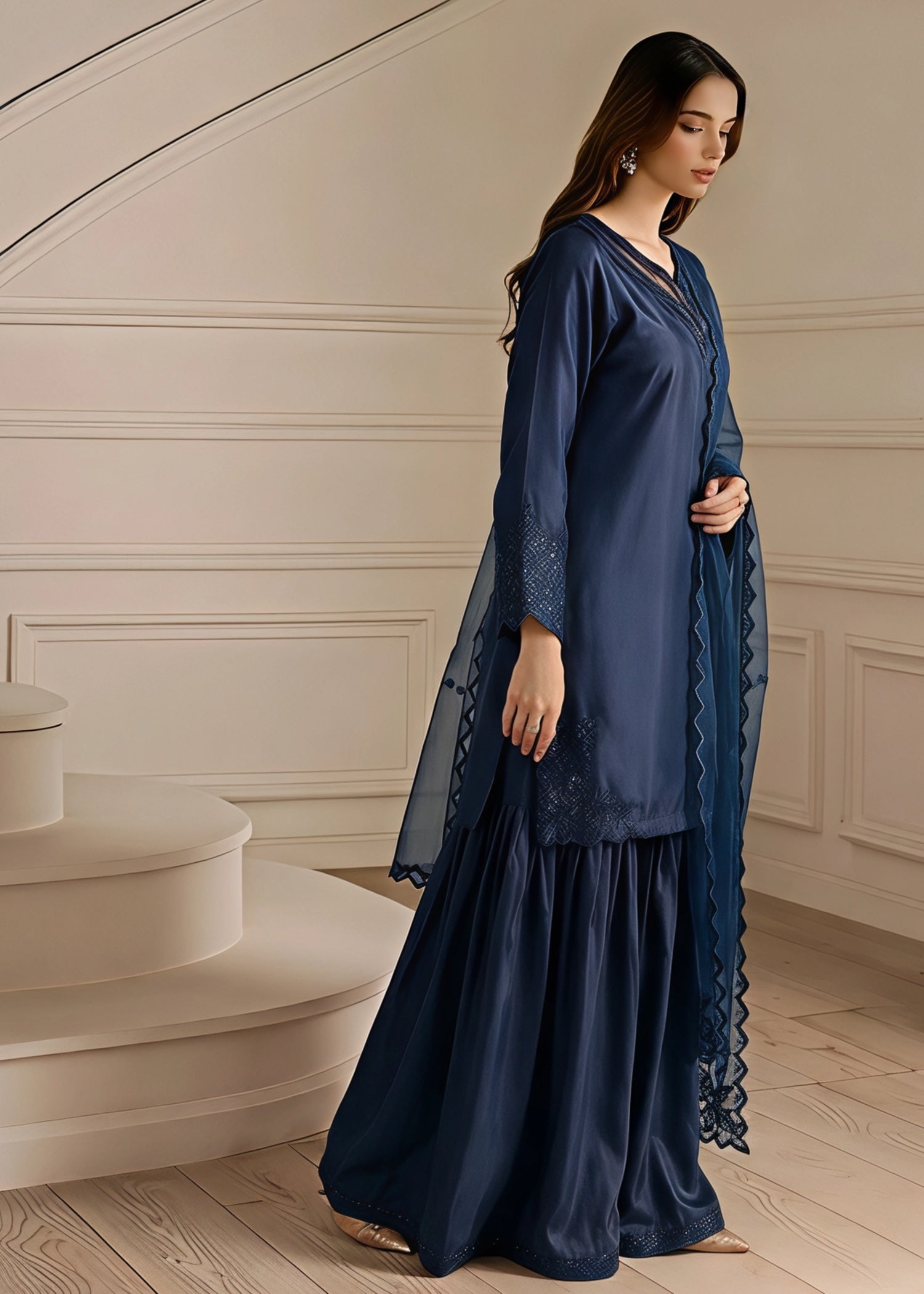 silk Sharara in Dark blue
