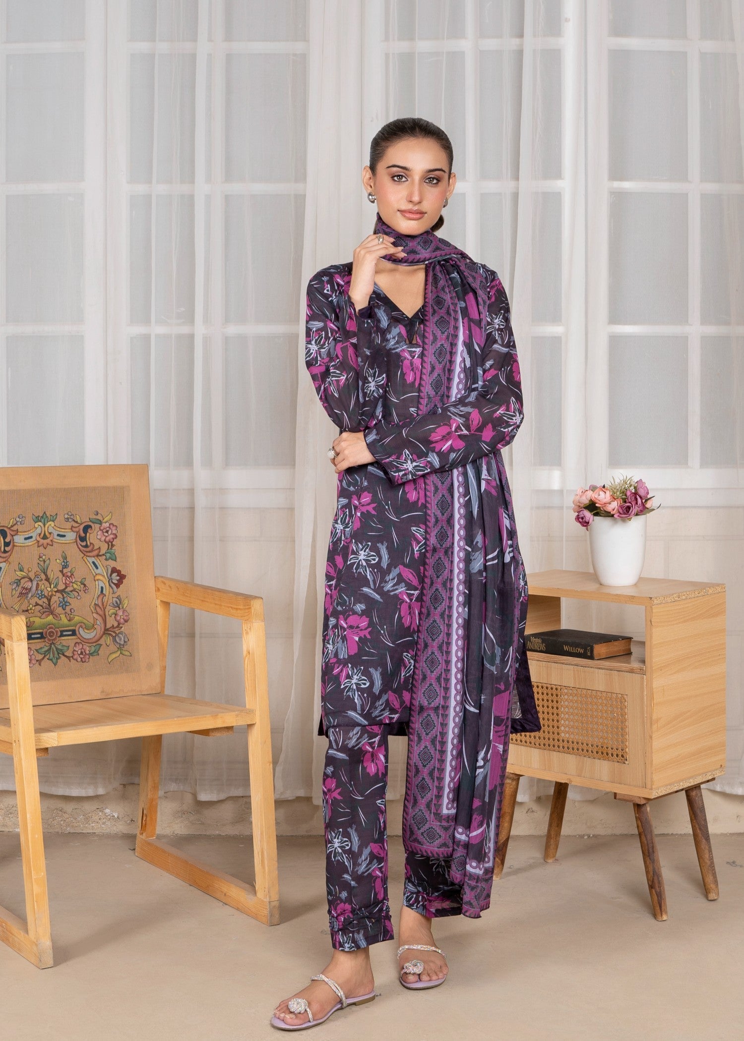 textured lawn Kurta Set in Egg plant