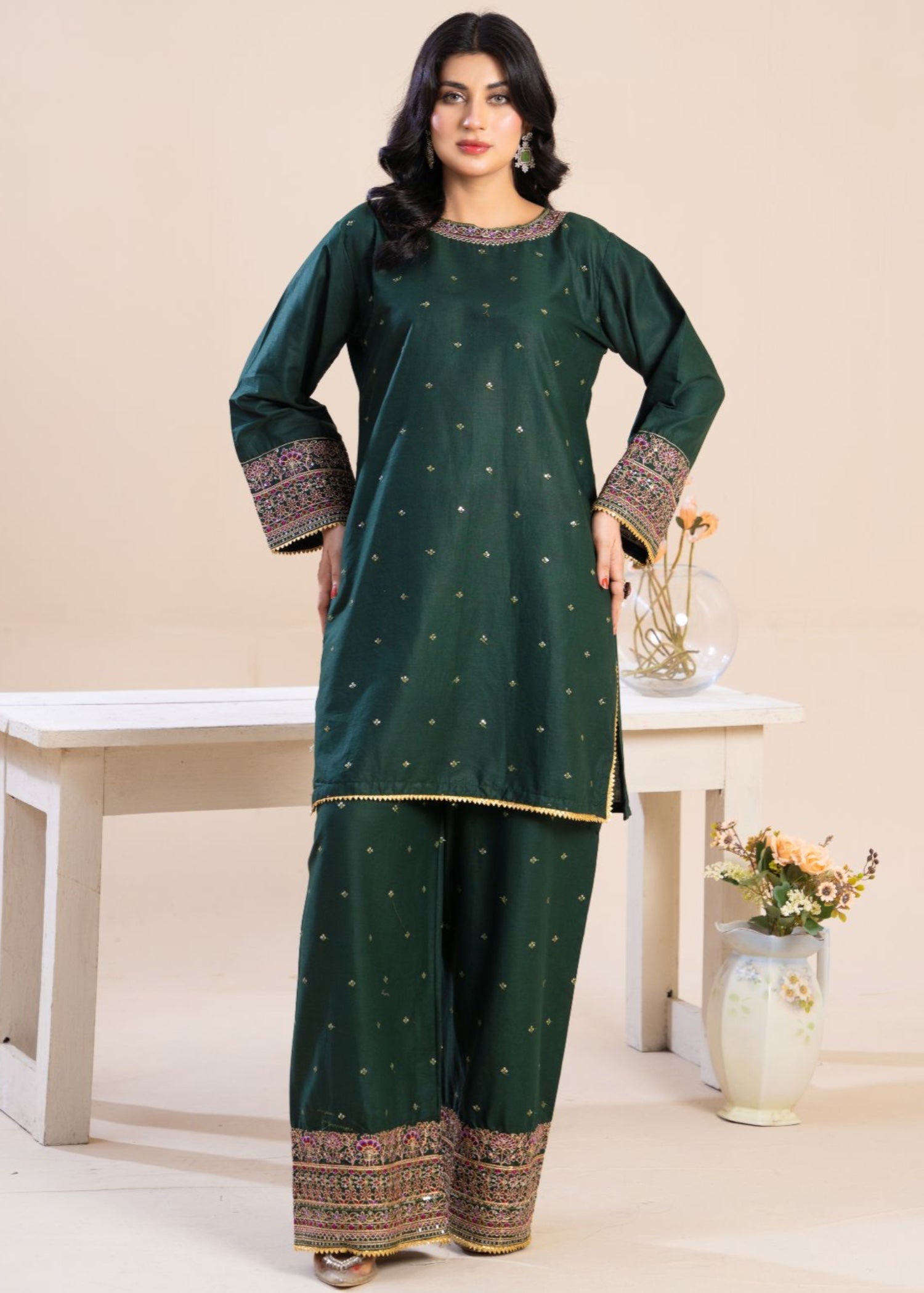 cambric Kurta Set in Bottle green