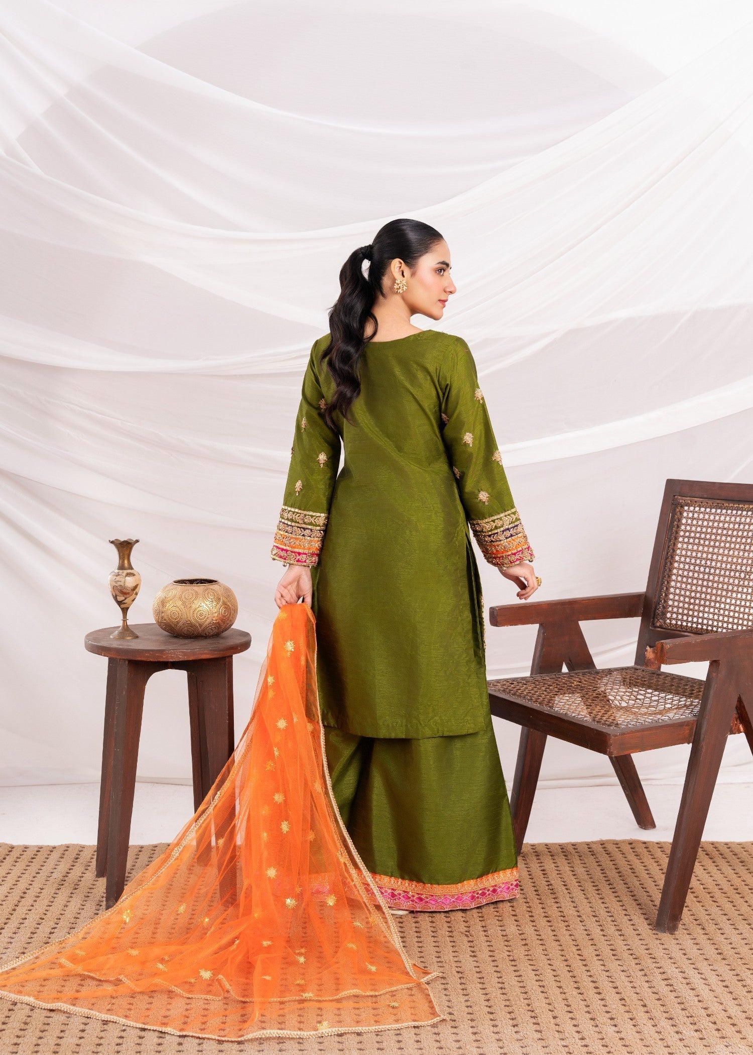 raw silk Sharara in Olive green