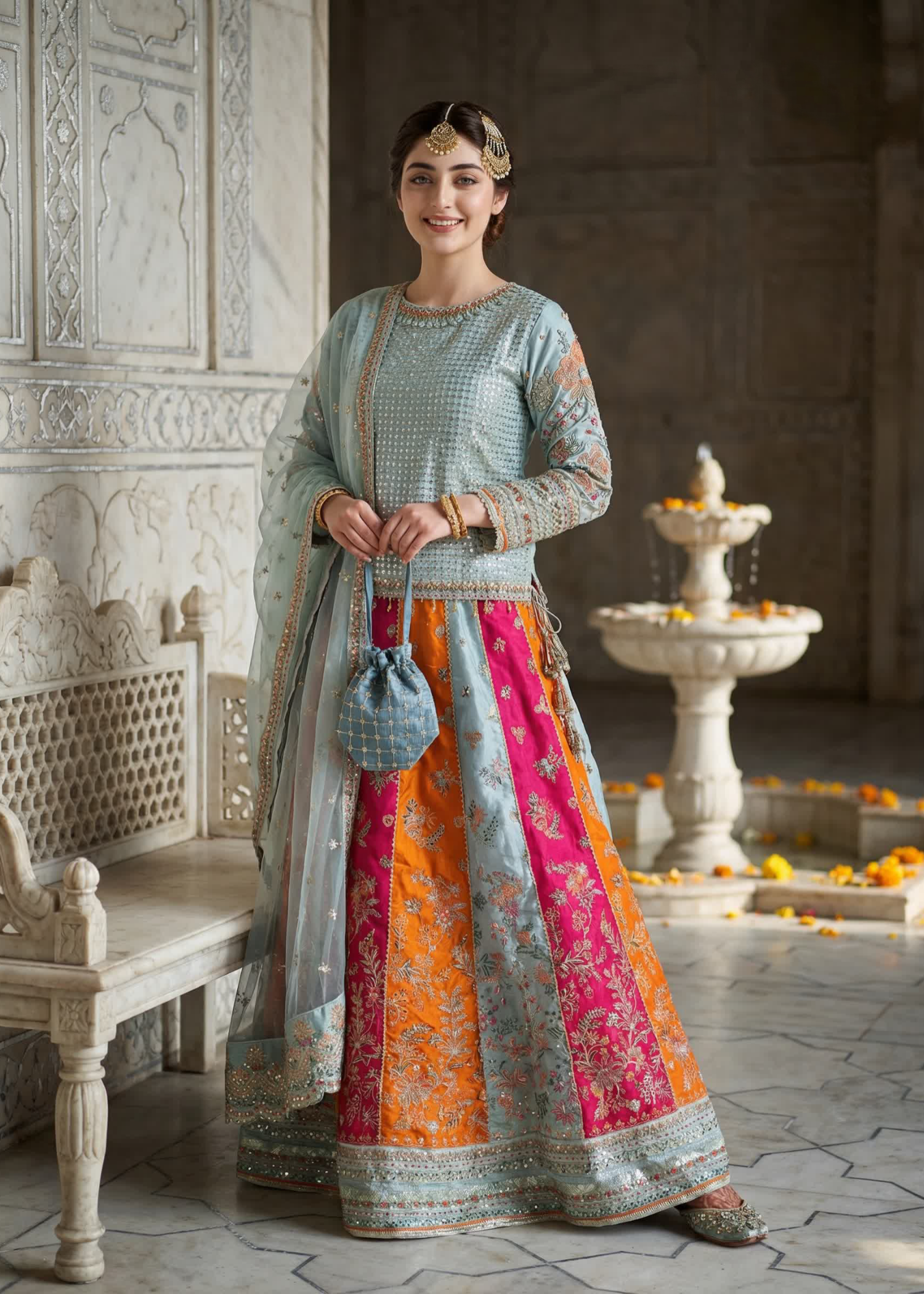 raw silk Lehenga in Ice blue, multi