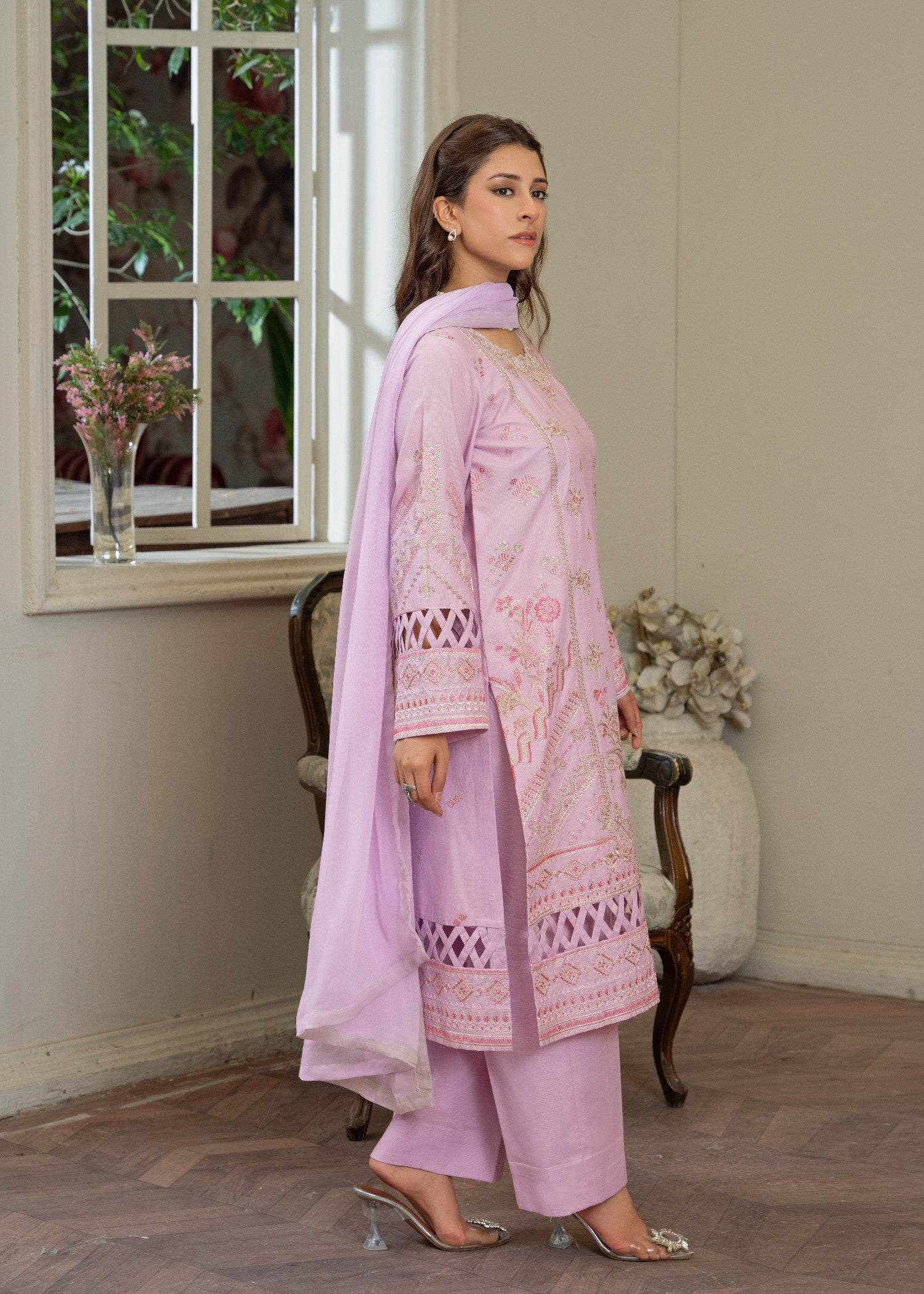 ribbed lawn Kurta Set in Cotton candy