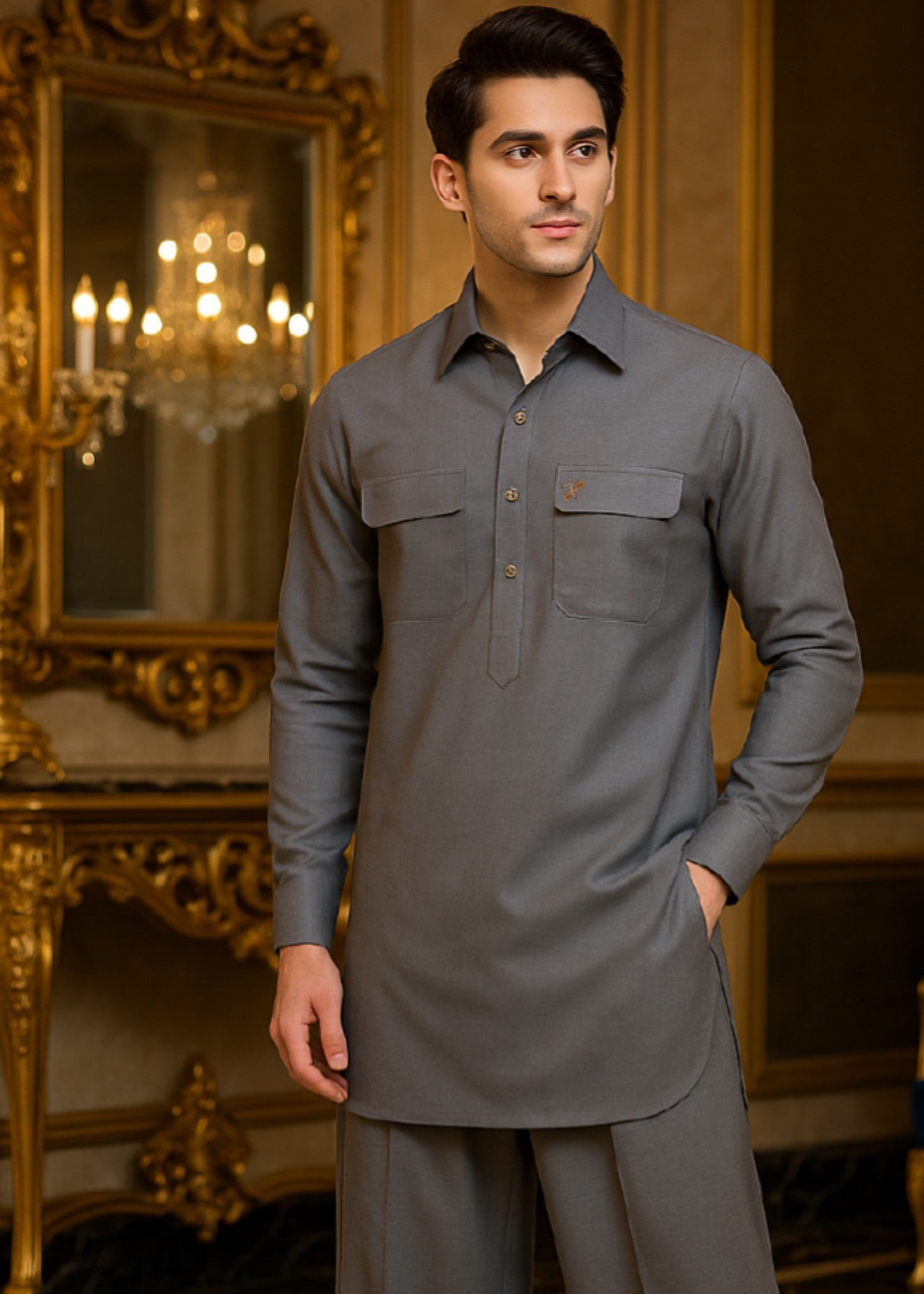 cotton linen Kurta Set in Grey