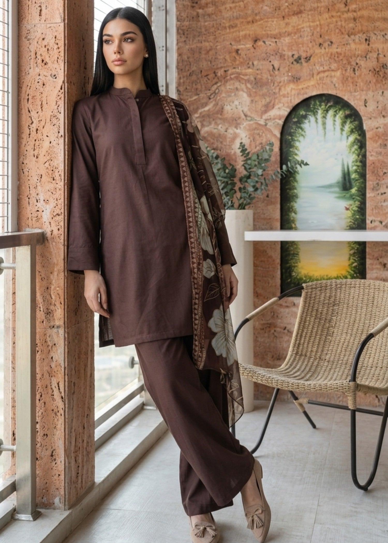 dhanak Kurta Set in Walnut brown