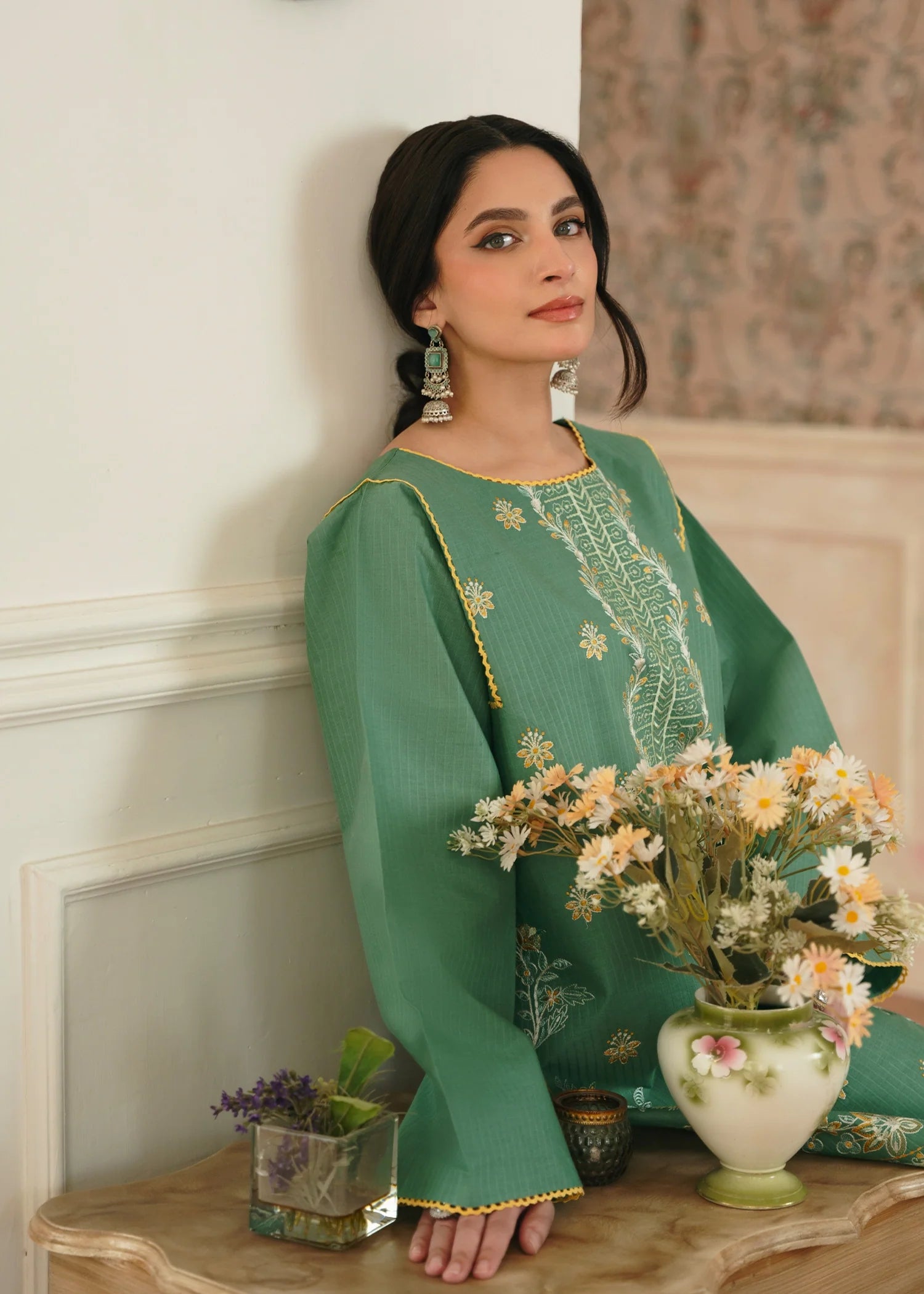textured lawn Kurta Set in Green